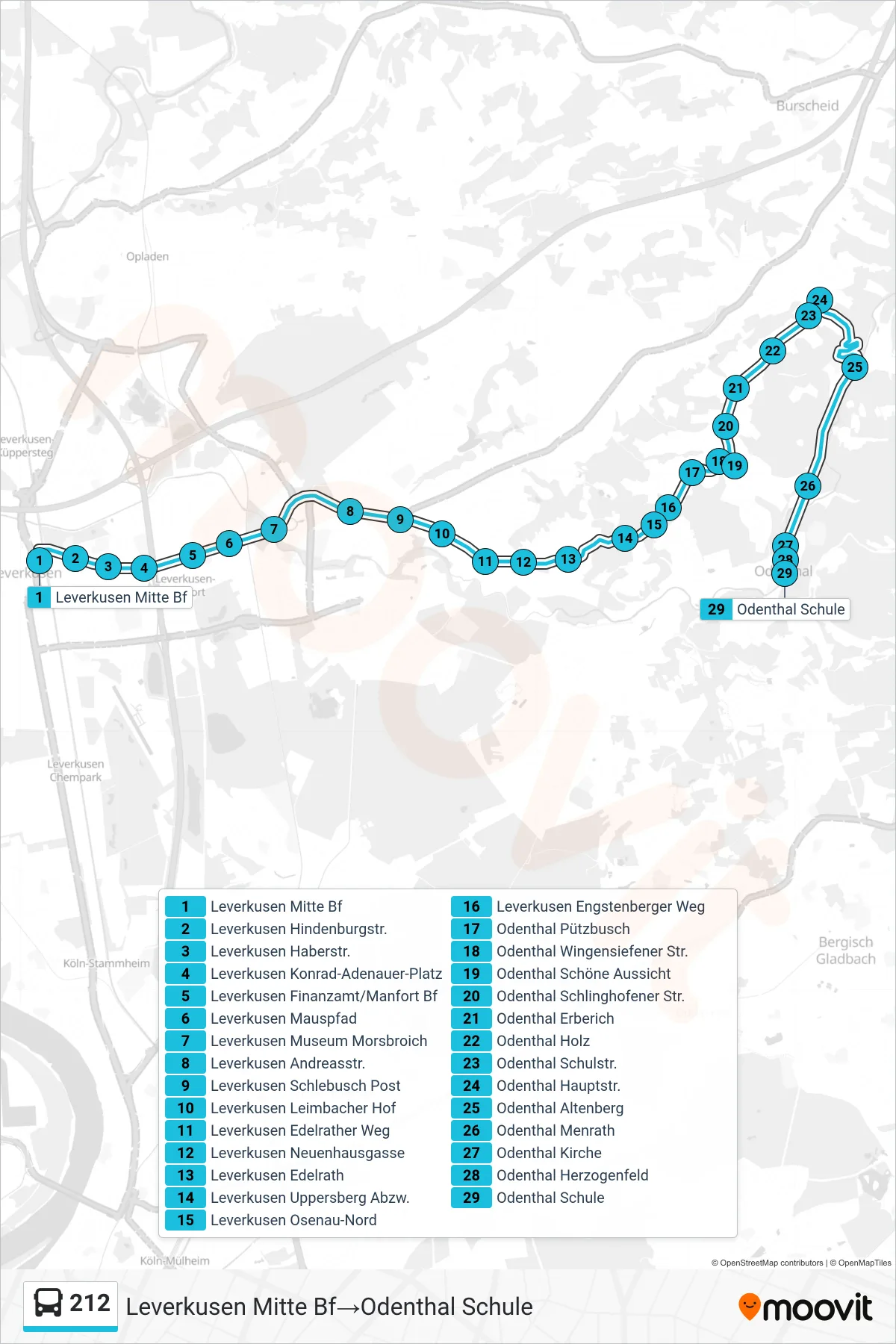 Linie 212 (Bus) Richtung Leverkusen Mitte Bf‎→Odenthal Schule: Route und Haltestellen auf der Karte