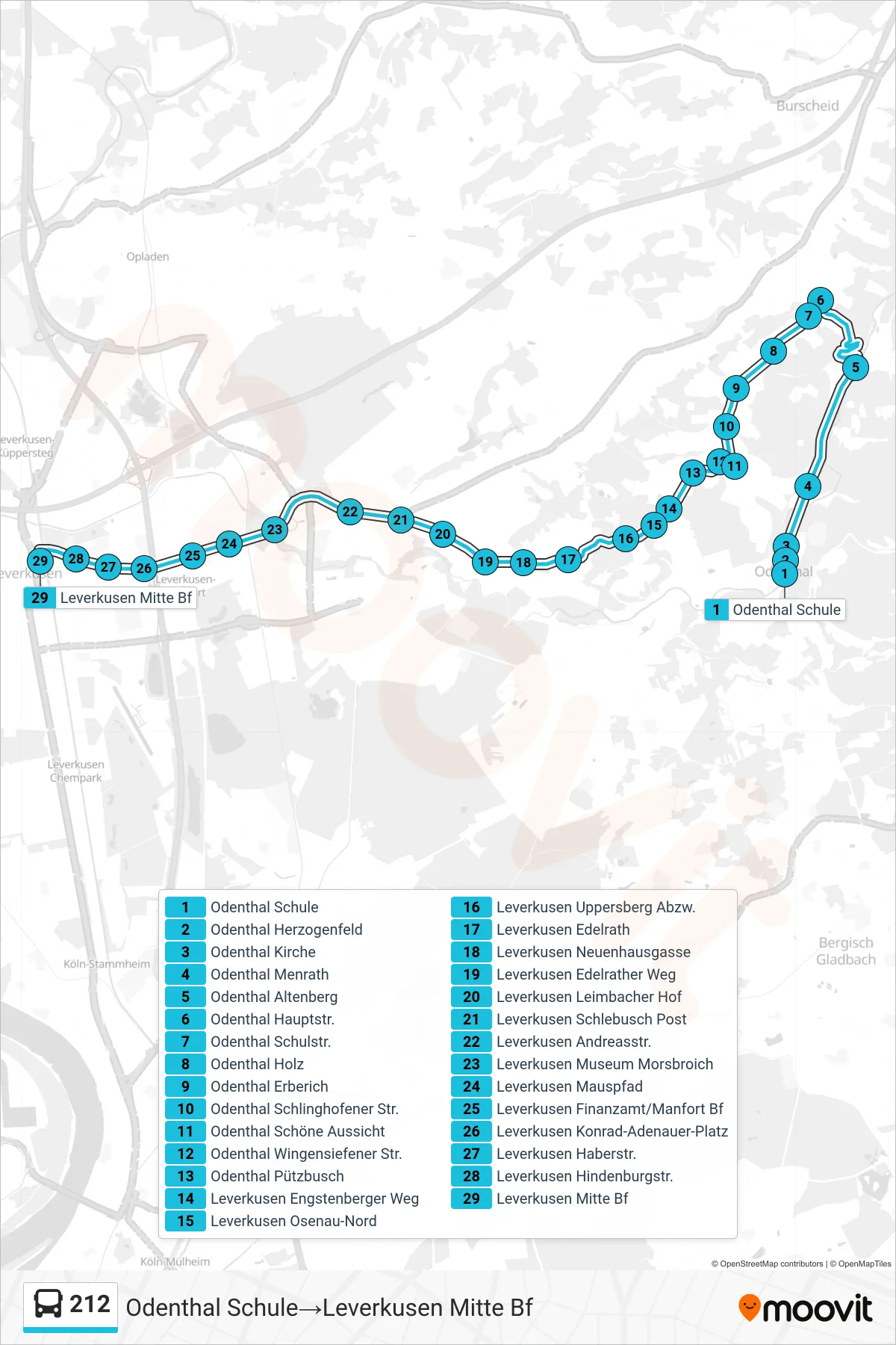 Linie 212 (Bus) Richtung Odenthal Schule‎→Leverkusen Mitte Bf: Route und Haltestellen auf der Karte