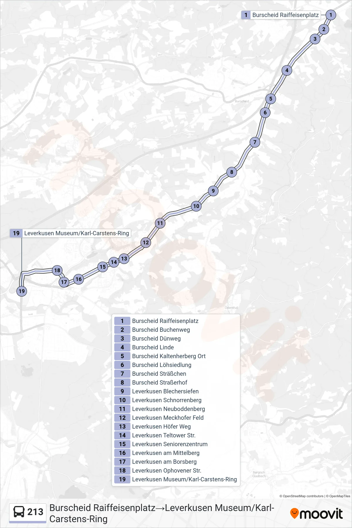 Linie 213 (Bus) Richtung Burscheid Raiffeisenplatz‎→Leverkusen Museum/Karl-Carstens-Ring: Route und Haltestellen auf der Karte