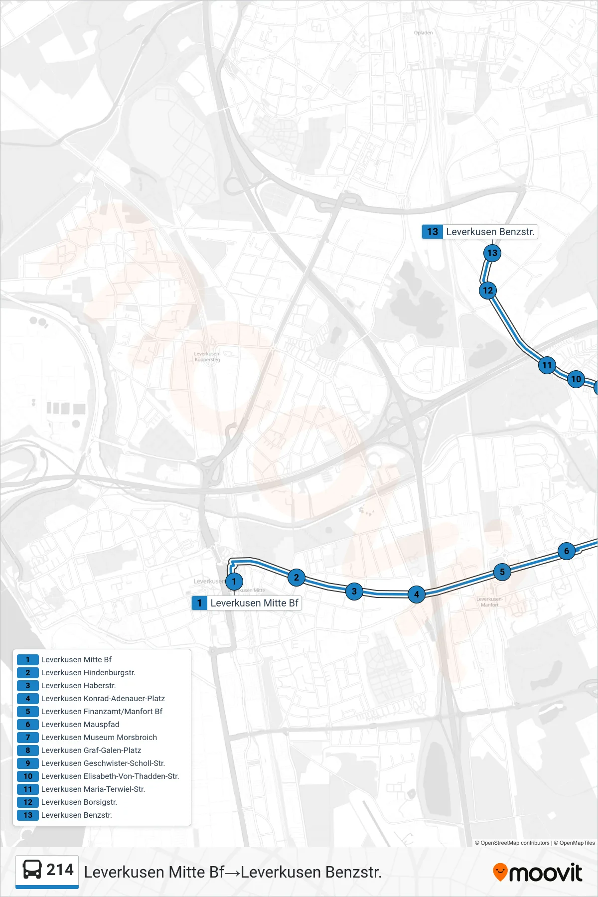 Linie 214 (Bus) Richtung Leverkusen Mitte Bf→Leverkusen Benzstr.: Route und Haltestellen auf der Karte