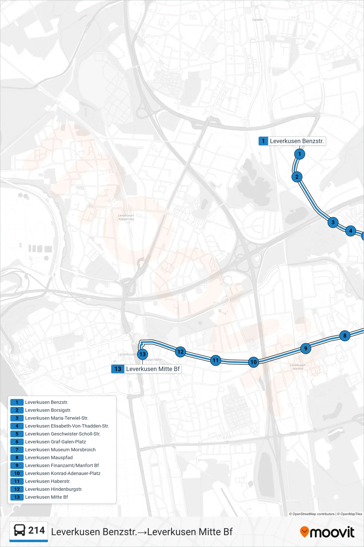 Linie 214 (Bus) Richtung Leverkusen Benzstr.→Leverkusen Mitte Bf: Route und Haltestellen auf der Karte