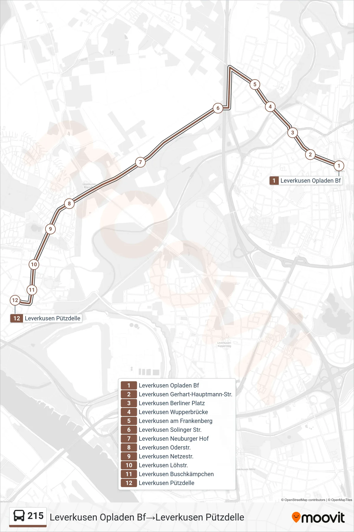 Linie 215 (Bus) Richtung Leverkusen Opladen Bf‎→Leverkusen Pützdelle: Route und Haltestellen auf der Karte
