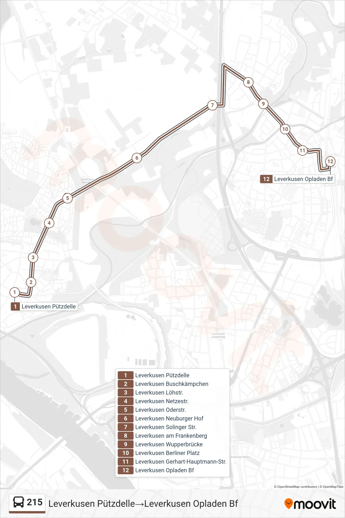 Linie 215 (Bus) Richtung Leverkusen Pützdelle‎→Leverkusen Opladen Bf: Route und Haltestellen auf der Karte