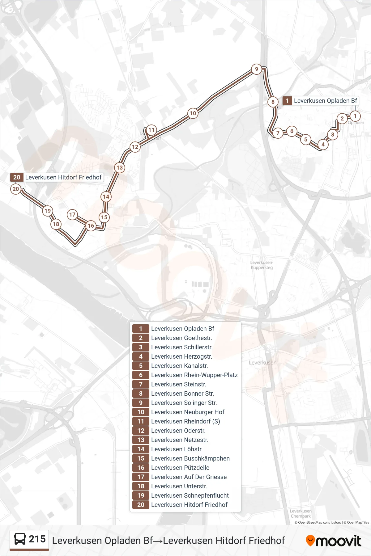 Linie 215 (Bus) Richtung Leverkusen Opladen Bf→Leverkusen Hitdorf Friedhof: Route und Haltestellen auf der Karte