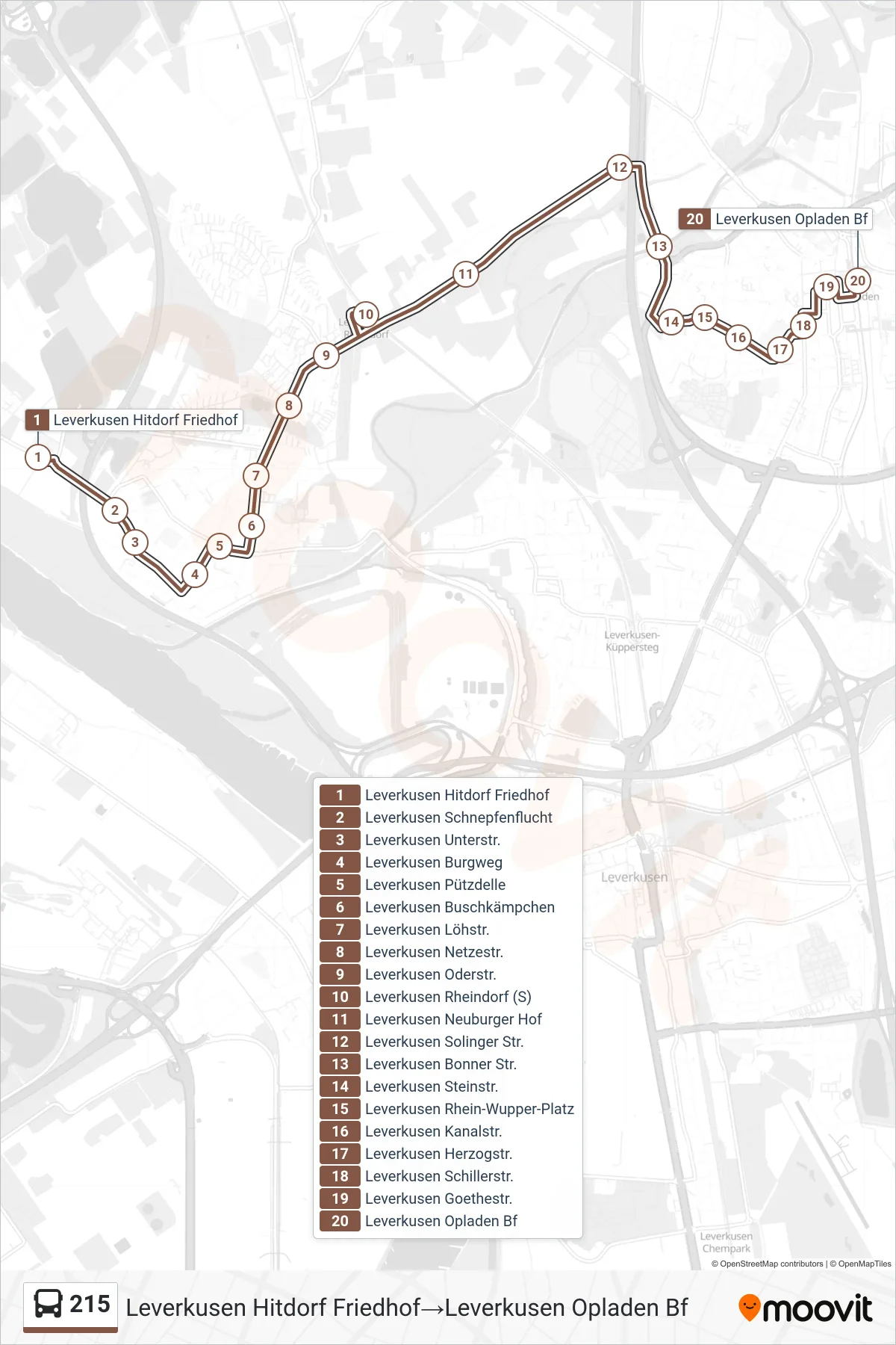 Linie 215 (Bus) Richtung Leverkusen Hitdorf Friedhof‎→Leverkusen Opladen Bf: Route und Haltestellen auf der Karte