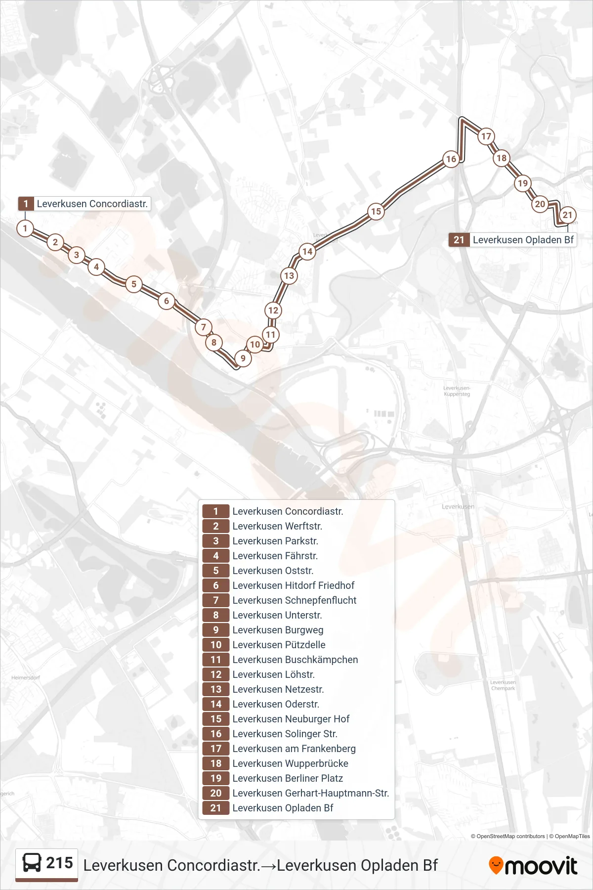 Linie 215 (Bus) Richtung Leverkusen Concordiastr.‎→Leverkusen Opladen Bf: Route und Haltestellen auf der Karte