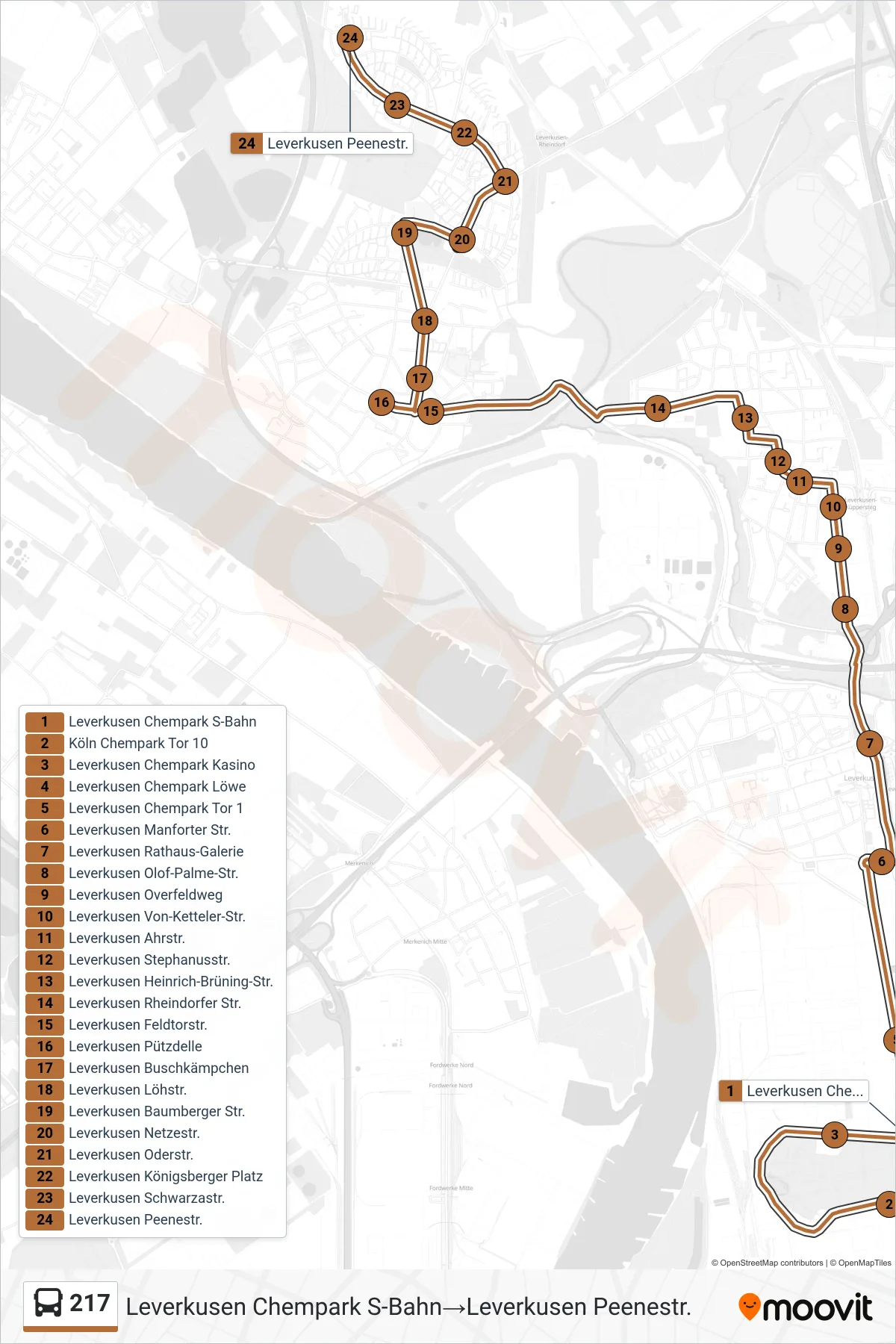 Linie 217 (Bus) Richtung Leverkusen Chempark S-Bahn‎→Leverkusen Peenestr.: Route und Haltestellen auf der Karte