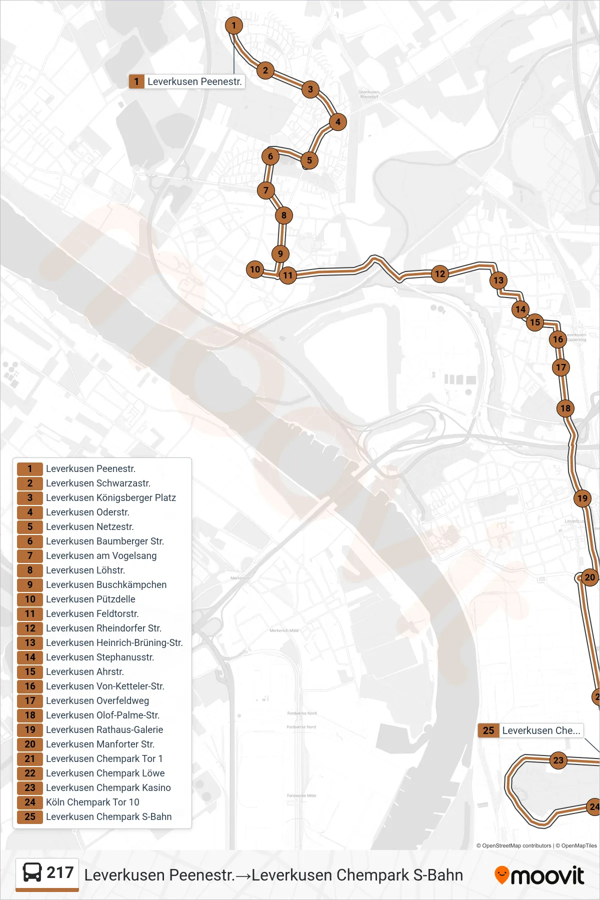 217 bus Line (Leverkusen Peenestr.‎→Leverkusen Chempark S-Bahn) route and stops on a map