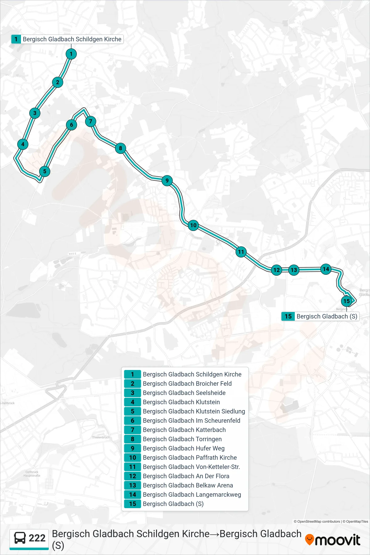Linie 222 (Bus) Richtung Bergisch Gladbach Schildgen Kirche→Bergisch Gladbach (S): Route und Haltestellen auf der Karte