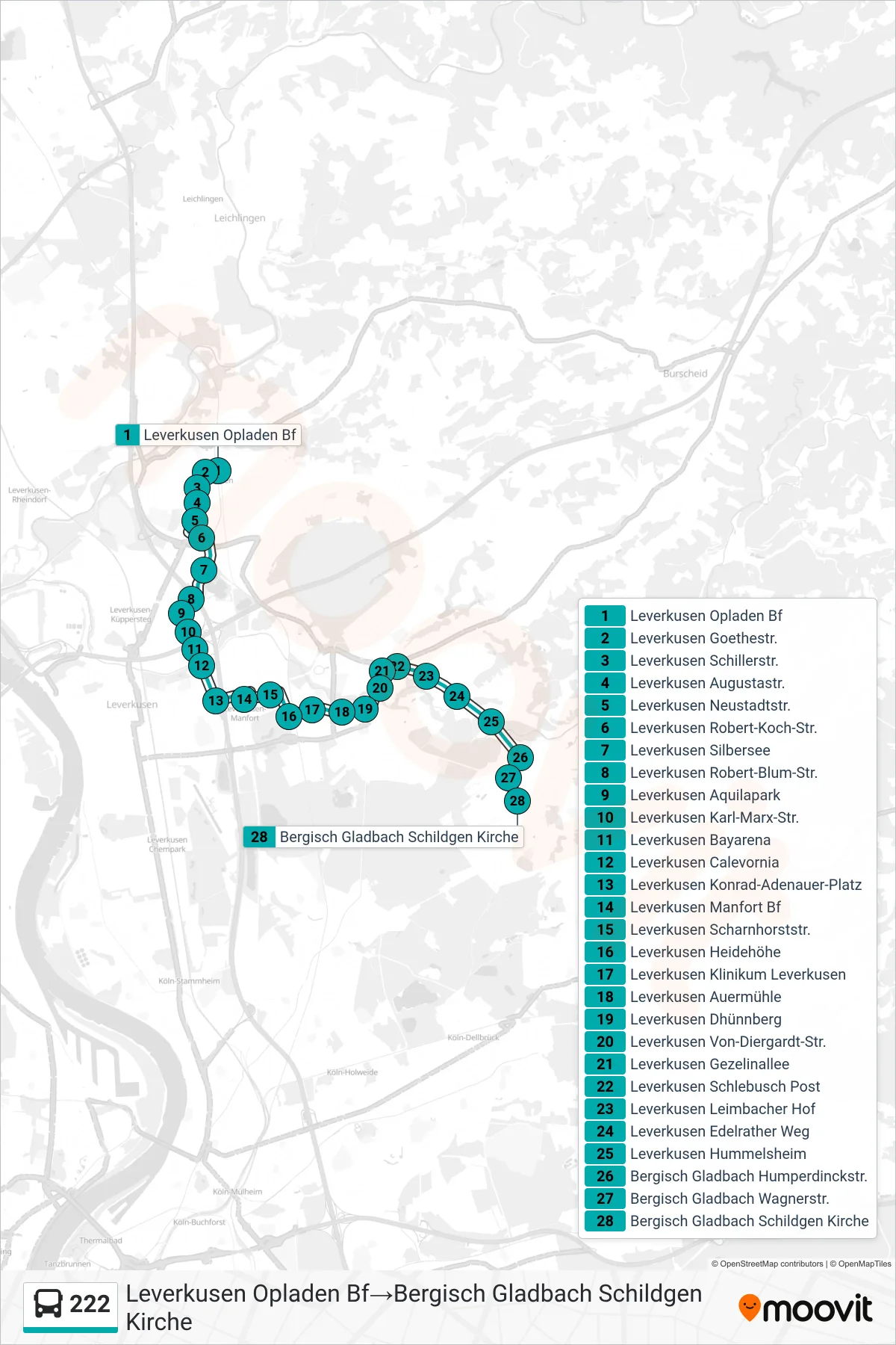 222 bus Line (Leverkusen Opladen Bf→Bergisch Gladbach Schildgen Kirche) route and stops on a map