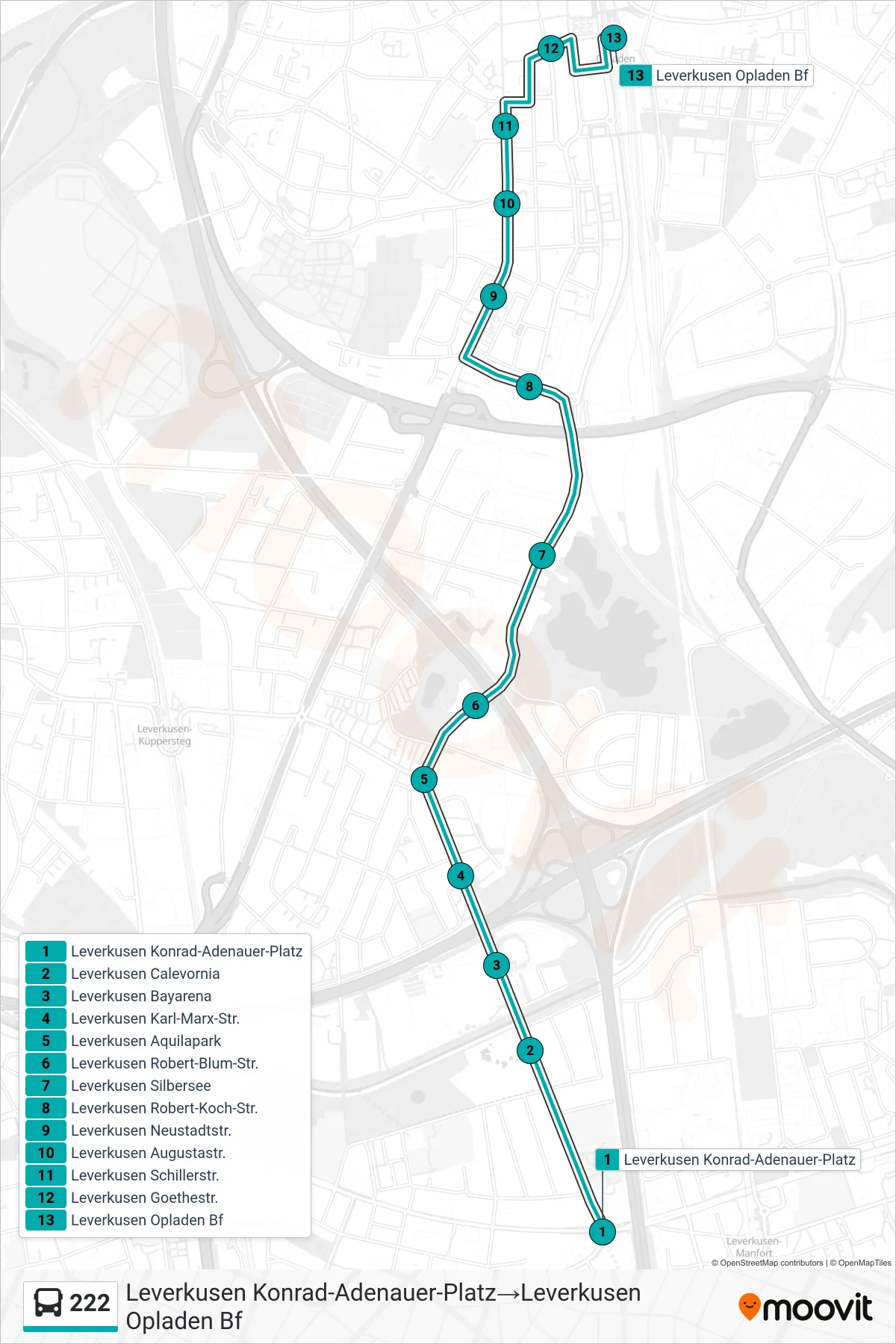 Linie 222 (Bus) Richtung Leverkusen Konrad-Adenauer-Platz→Leverkusen Opladen Bf: Route und Haltestellen auf der Karte