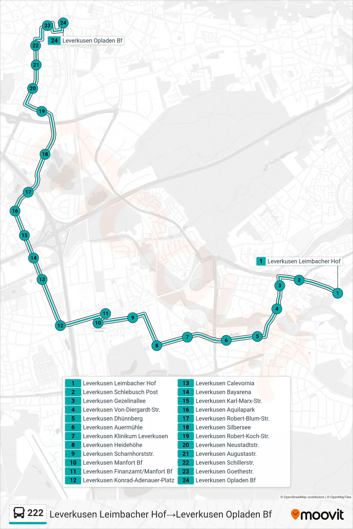 Linie 222 (Bus) Richtung Leverkusen Leimbacher Hof‎→Leverkusen Opladen Bf: Route und Haltestellen auf der Karte