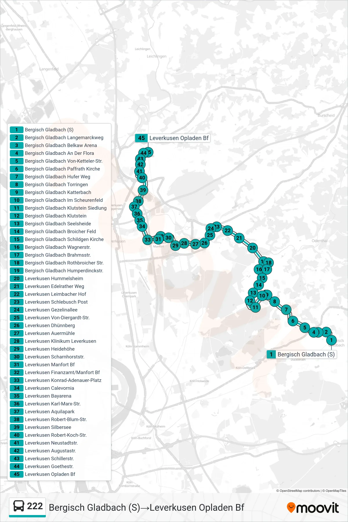 222 bus Line (Bergisch Gladbach (S)→Leverkusen Opladen Bf) route and stops on a map