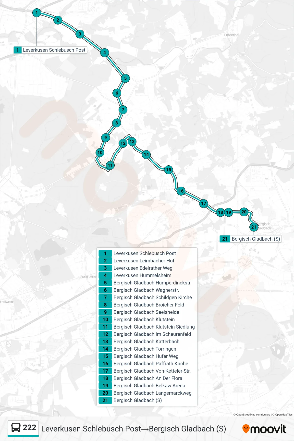 Linie 222 (Bus) Richtung Leverkusen Schlebusch Post‎→Bergisch Gladbach (S): Route und Haltestellen auf der Karte