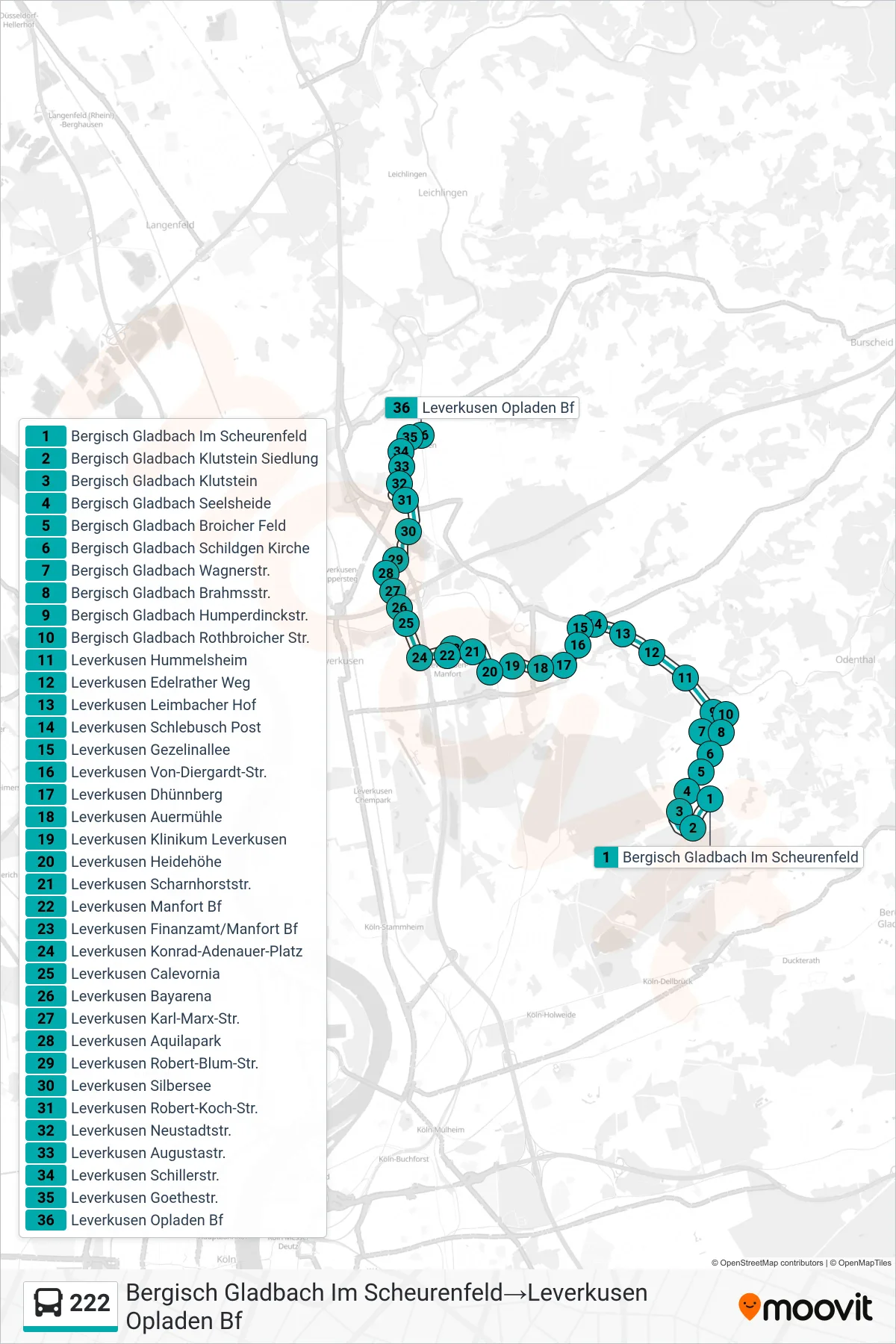 Linie 222 (Bus) Richtung Bergisch Gladbach Im Scheurenfeld‎→Leverkusen Opladen Bf: Route und Haltestellen auf der Karte
