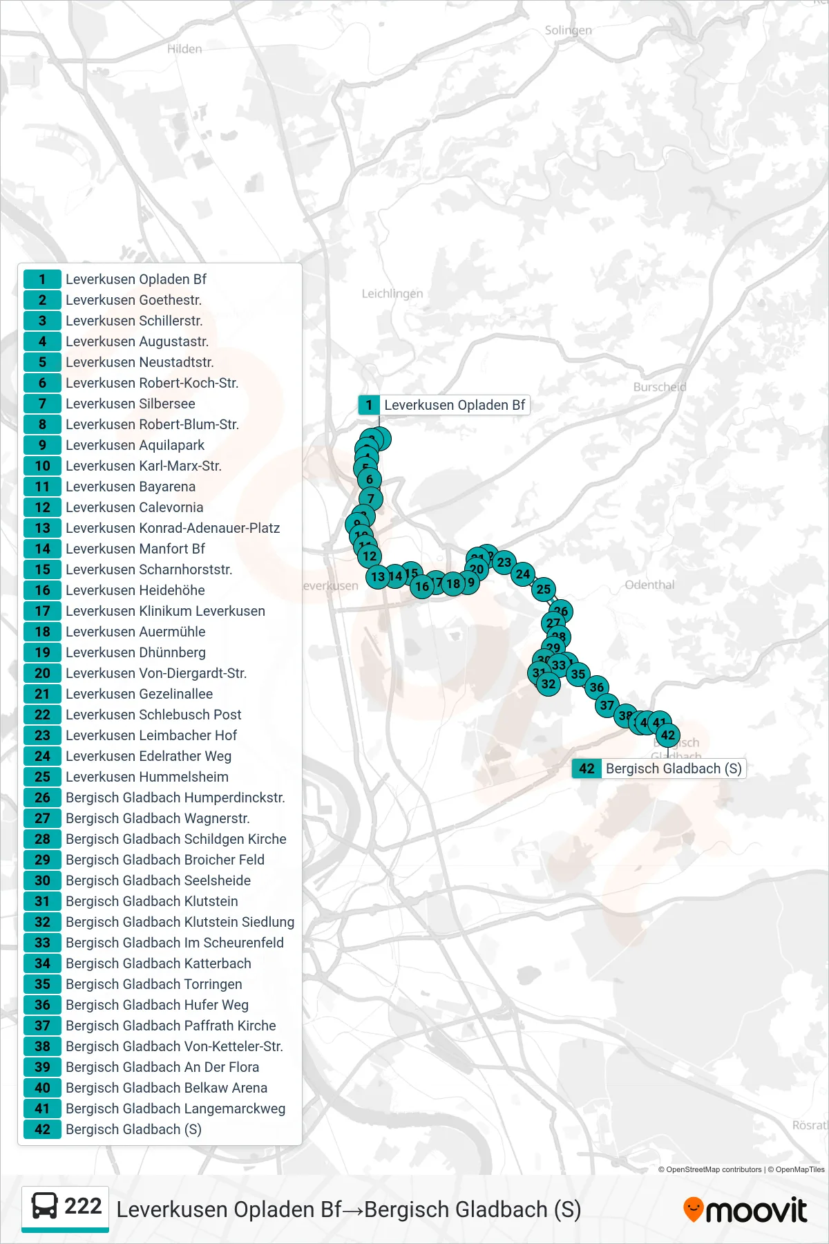 Linie 222 (Bus) Richtung Leverkusen Opladen Bf‎→Bergisch Gladbach (S): Route und Haltestellen auf der Karte