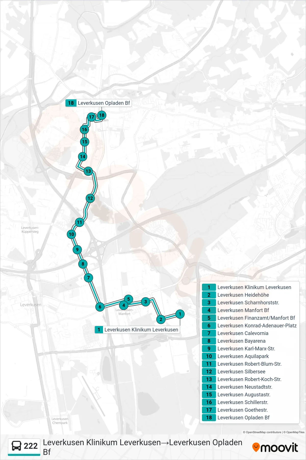 Linie 222 (Bus) Richtung Leverkusen Klinikum Leverkusen→Leverkusen Opladen Bf: Route und Haltestellen auf der Karte