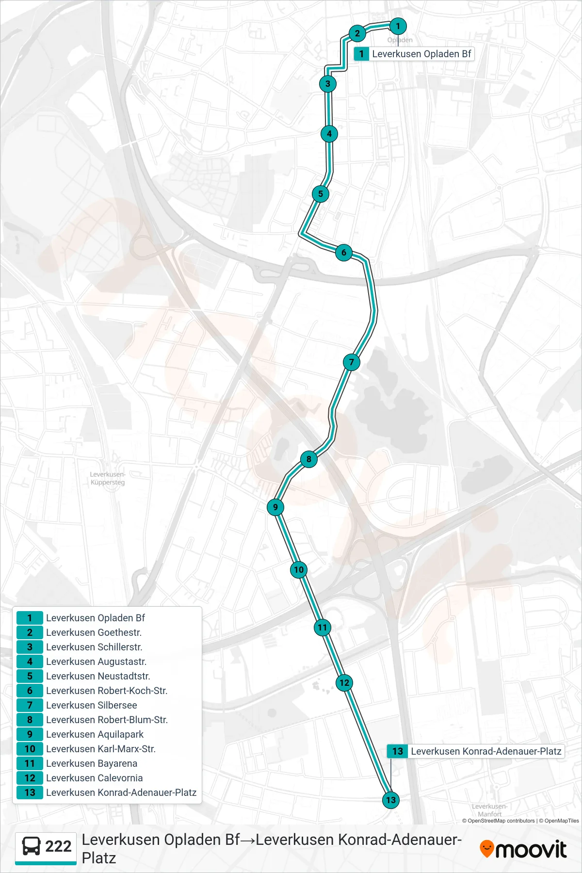 Linie 222 (Bus) Richtung Leverkusen Opladen Bf→Leverkusen Konrad-Adenauer-Platz: Route und Haltestellen auf der Karte