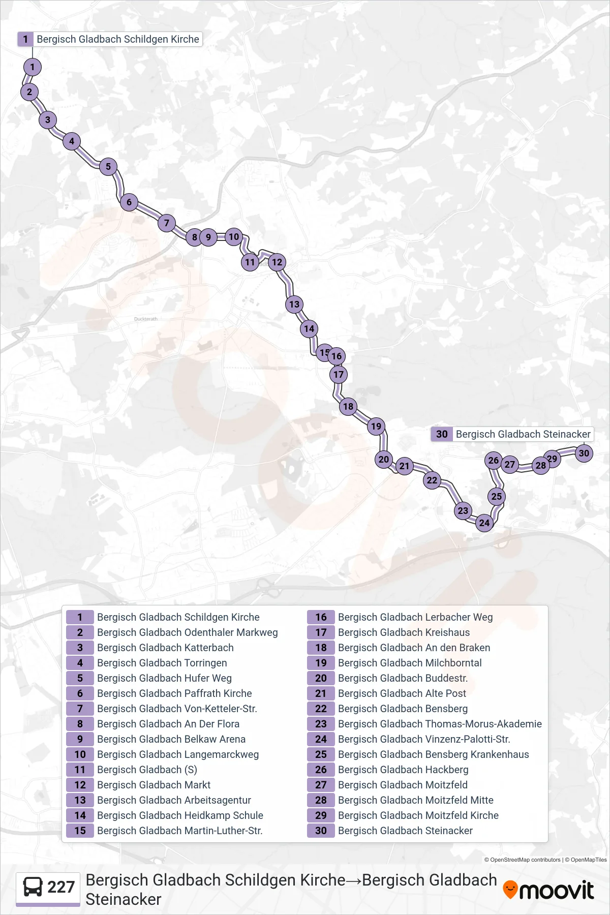 Linie 227 (Bus) Richtung Bergisch Gladbach Schildgen Kirche→Bergisch Gladbach Steinacker: Route und Haltestellen auf der Karte