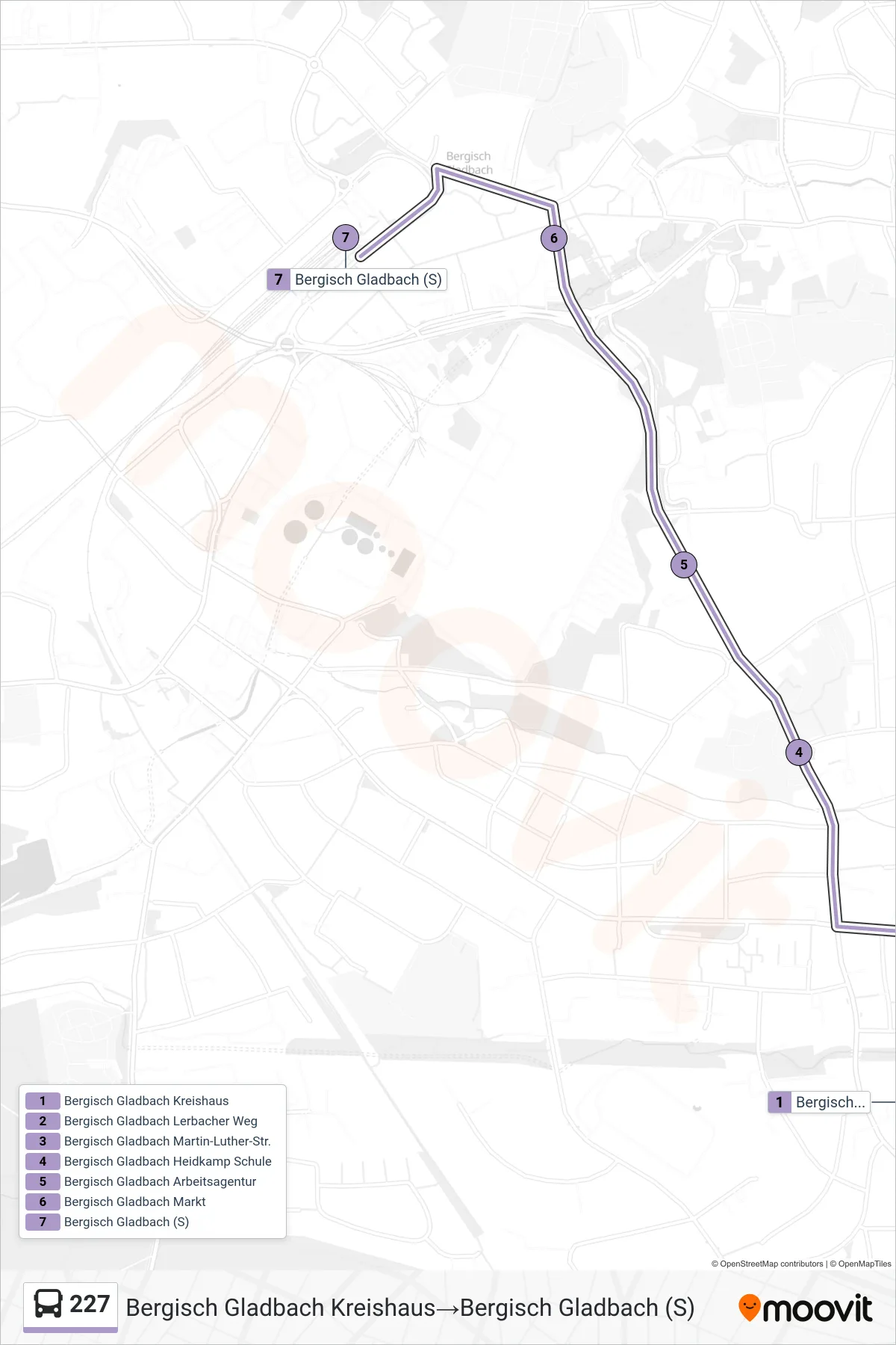 Linie 227 (Bus) Richtung Bergisch Gladbach Kreishaus→Bergisch Gladbach (S): Route und Haltestellen auf der Karte