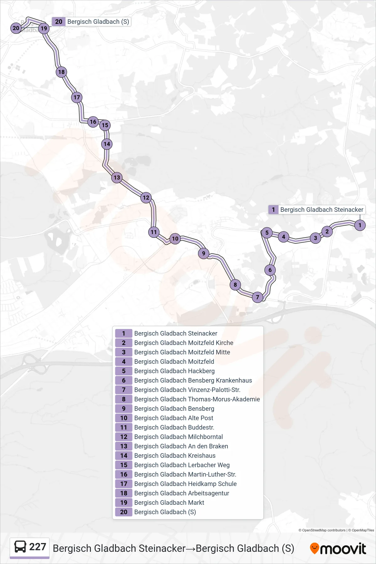 Linie 227 (Bus) Richtung Bergisch Gladbach Steinacker→Bergisch Gladbach (S): Route und Haltestellen auf der Karte