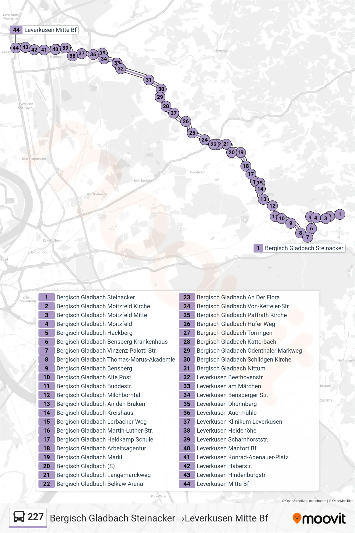 227 bus Line (Bergisch Gladbach Steinacker→Leverkusen Mitte Bf) route and stops on a map