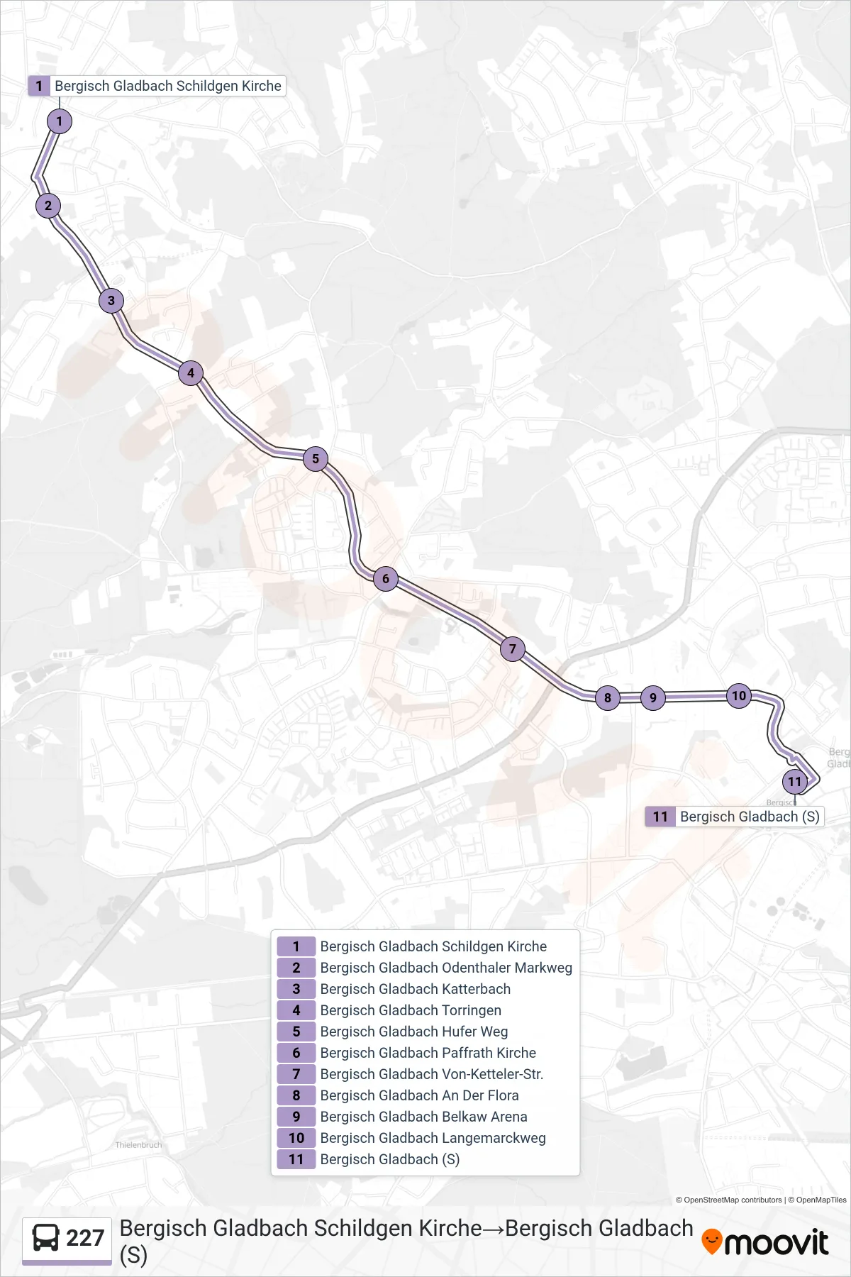 Linie 227 (Bus) Richtung Bergisch Gladbach Schildgen Kirche→Bergisch Gladbach (S): Route und Haltestellen auf der Karte