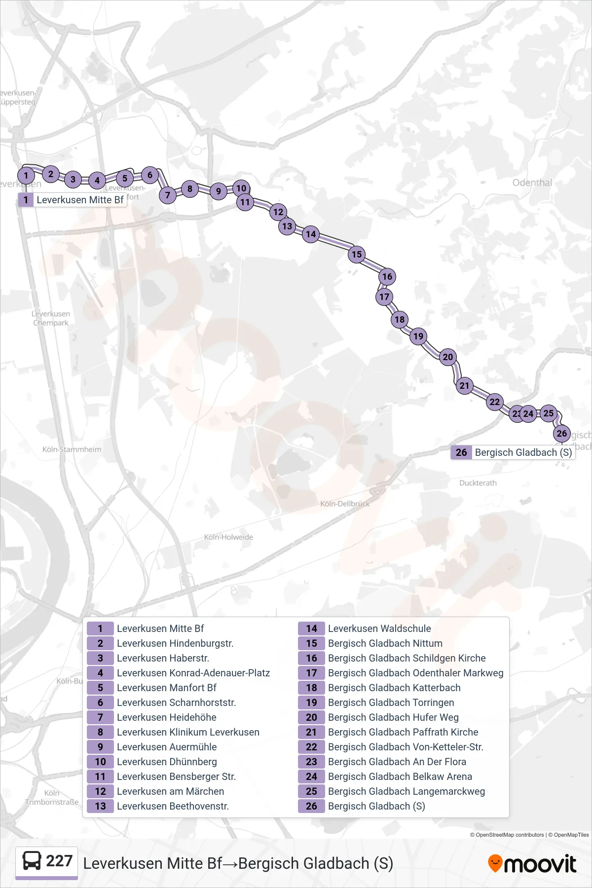 Linie 227 (Bus) Richtung Leverkusen Mitte Bf‎→Bergisch Gladbach (S): Route und Haltestellen auf der Karte