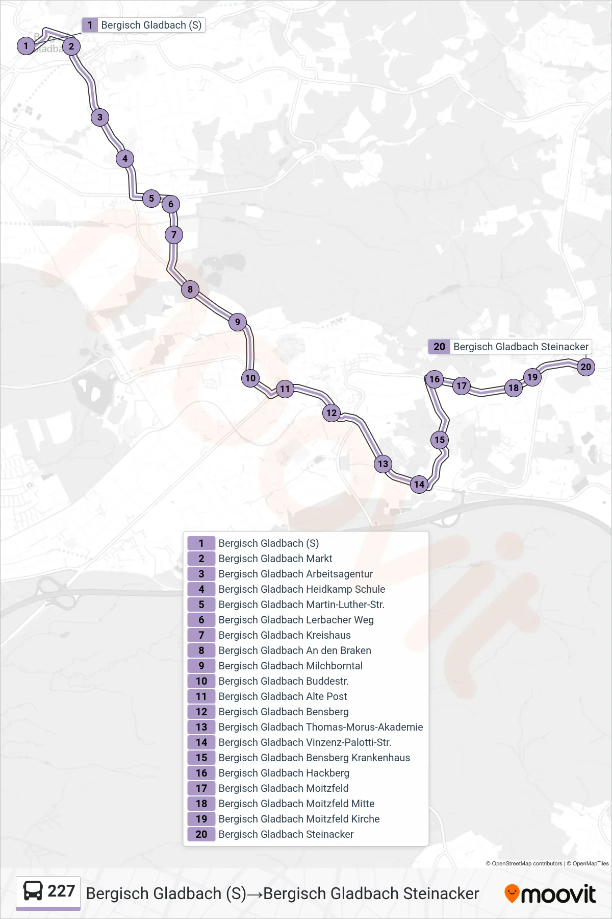 Linie 227 (Bus) Richtung Bergisch Gladbach (S)→Bergisch Gladbach Steinacker: Route und Haltestellen auf der Karte