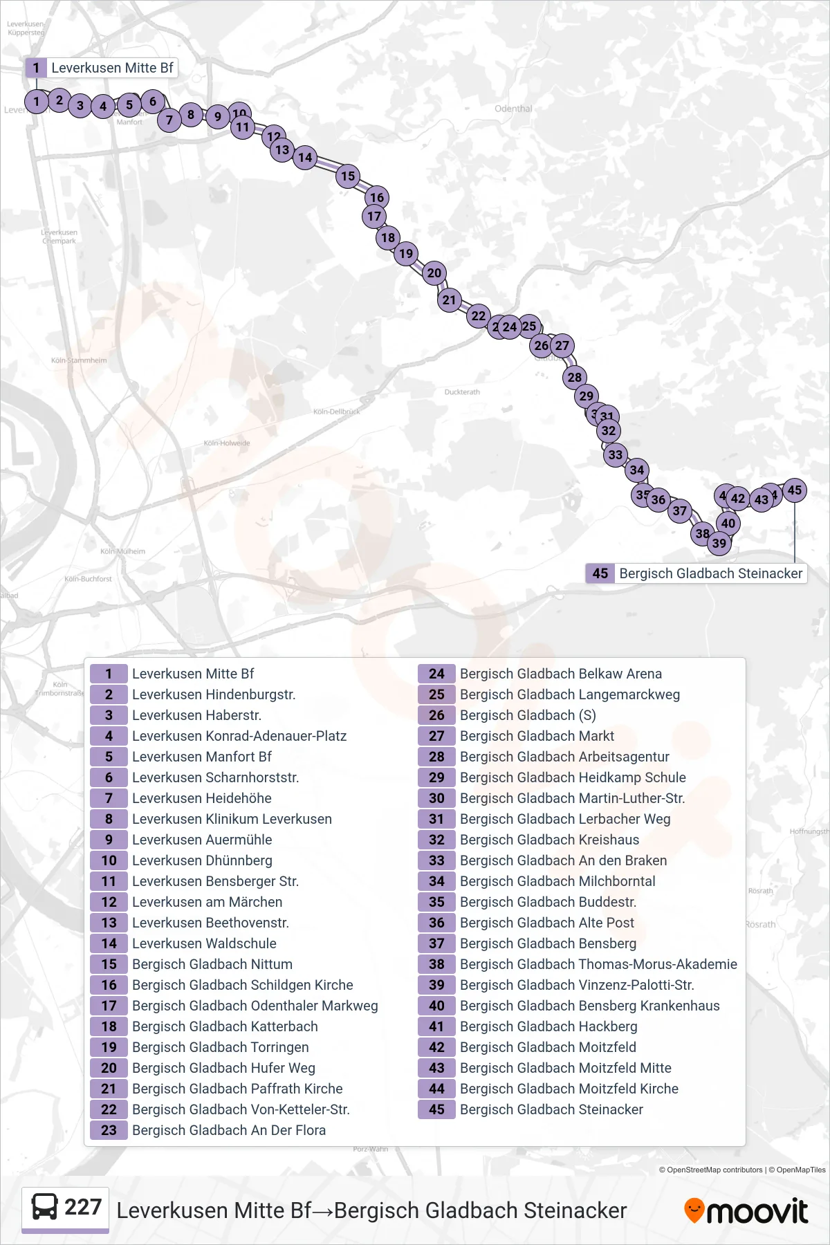 Linie 227 (Bus) Richtung Leverkusen Mitte Bf→Bergisch Gladbach Steinacker: Route und Haltestellen auf der Karte