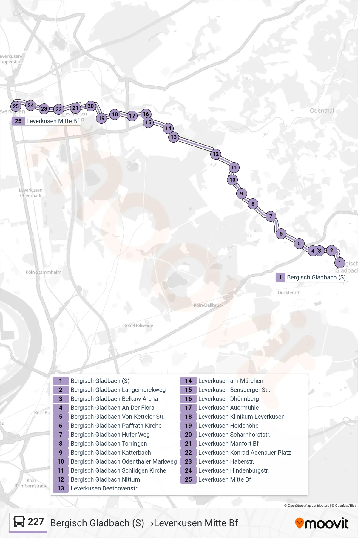 Linie 227 (Bus) Richtung Bergisch Gladbach (S)‎→Leverkusen Mitte Bf: Route und Haltestellen auf der Karte