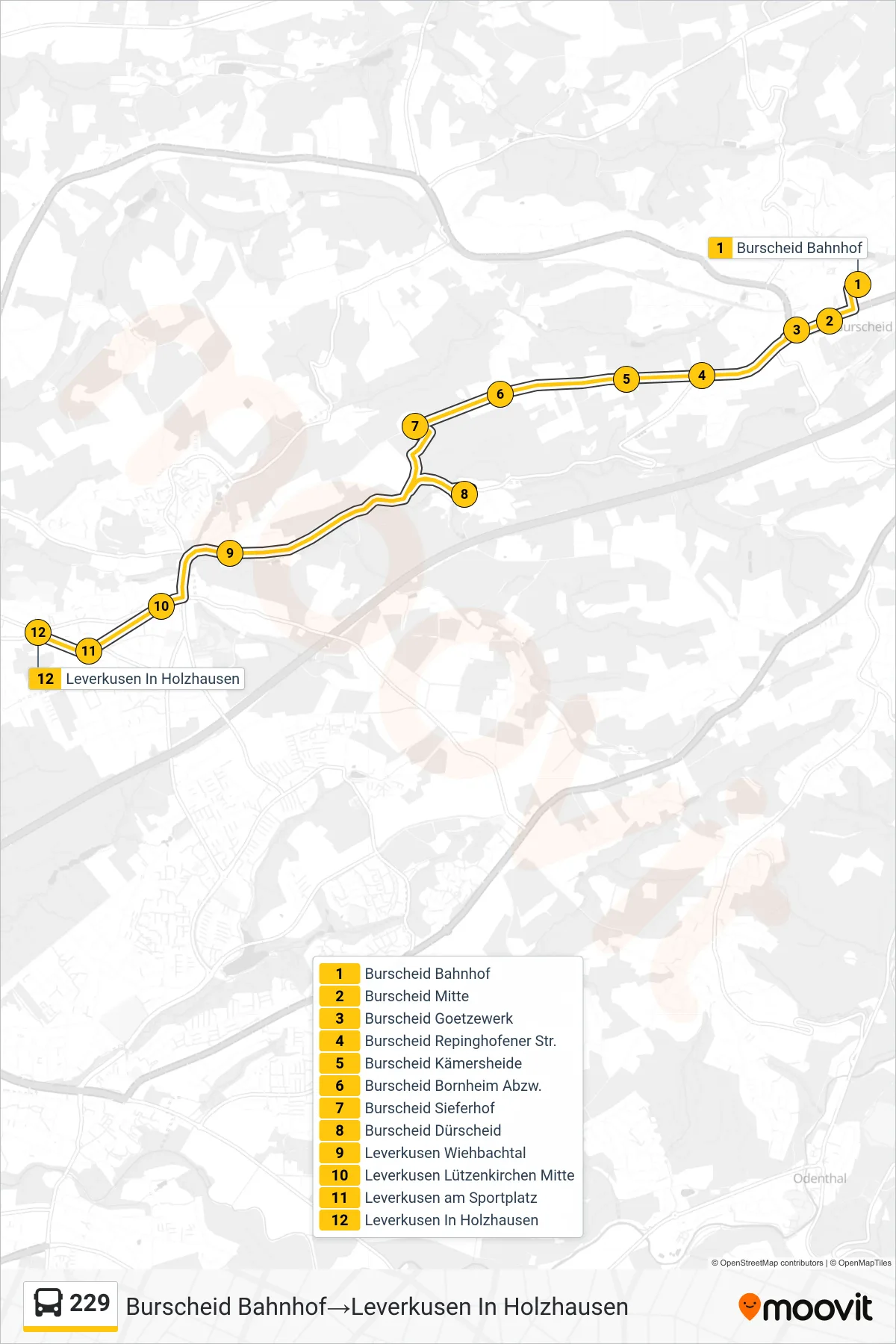 Linie 229 (Bus) Richtung Burscheid Bahnhof‎→Leverkusen In Holzhausen: Route und Haltestellen auf der Karte