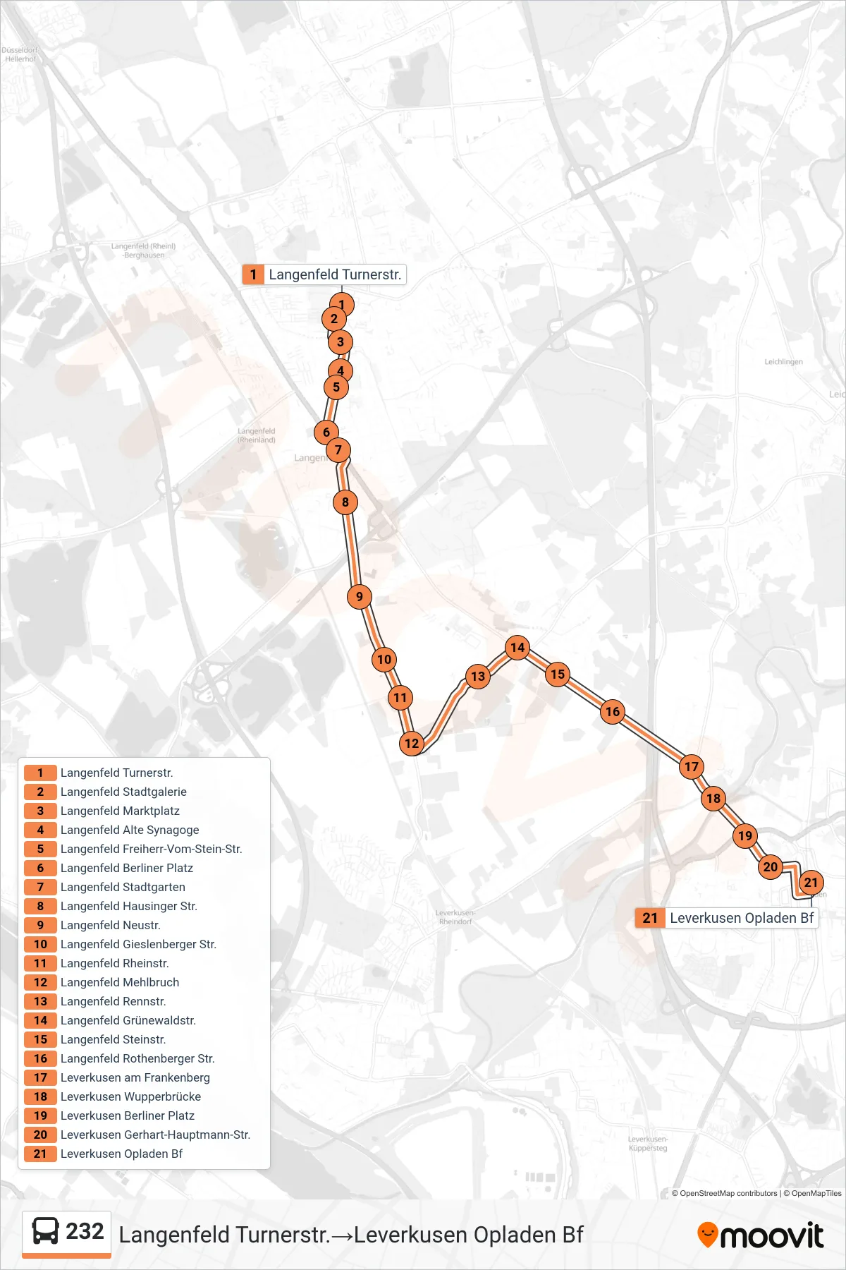 Linie 232 (Bus) Richtung Langenfeld Turnerstr.→Leverkusen Opladen Bf: Route und Haltestellen auf der Karte