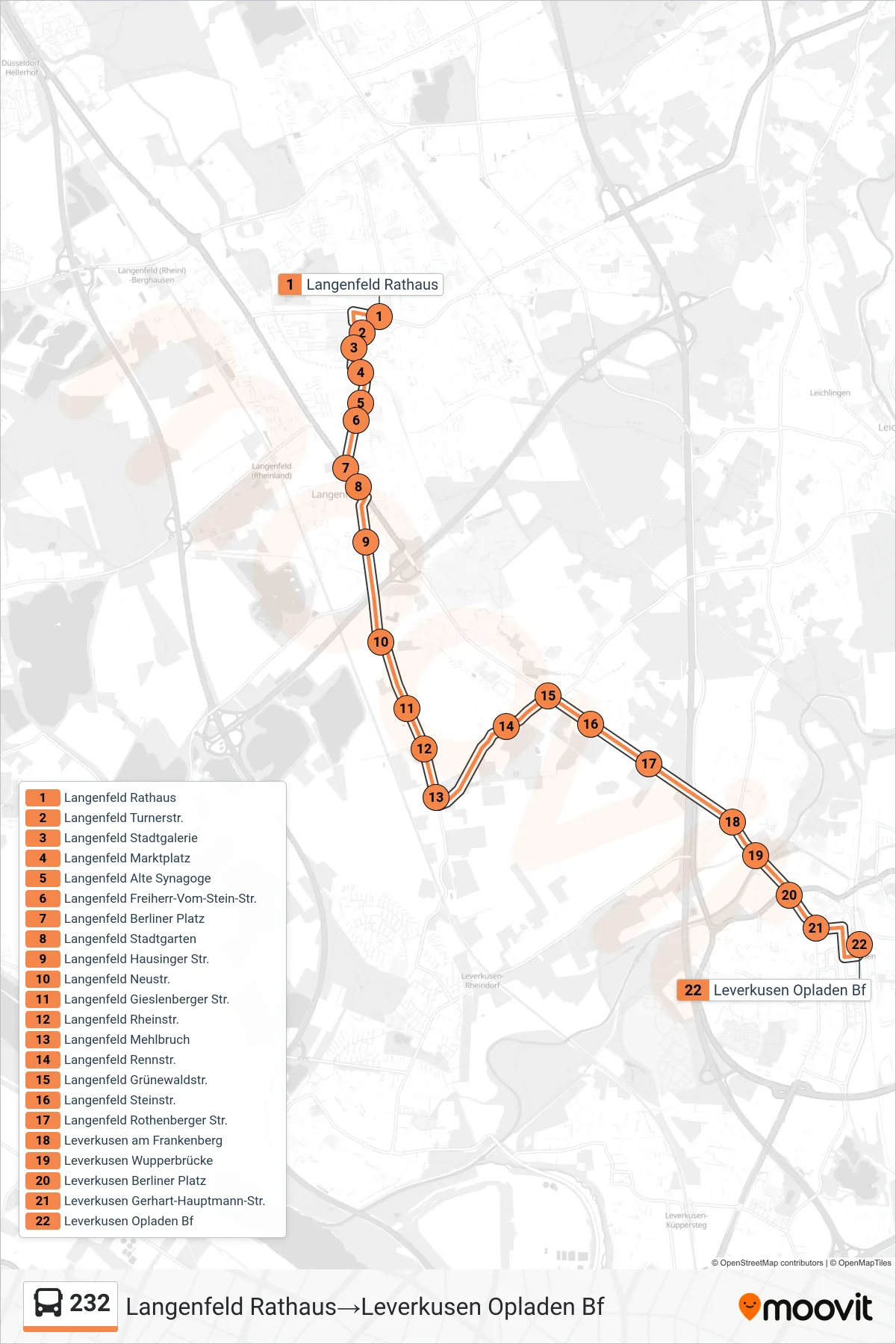 Linie 232 (Bus) Richtung Langenfeld Rathaus→Leverkusen Opladen Bf: Route und Haltestellen auf der Karte