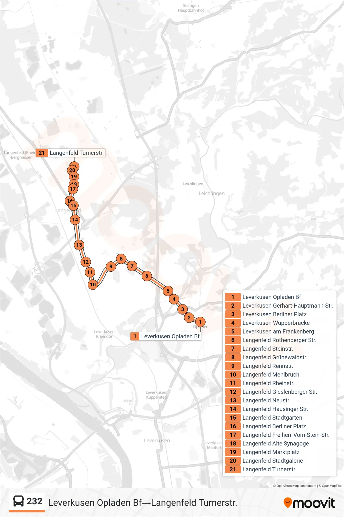 Linie 232 (Bus) Richtung Leverkusen Opladen Bf→Langenfeld Turnerstr.: Route und Haltestellen auf der Karte