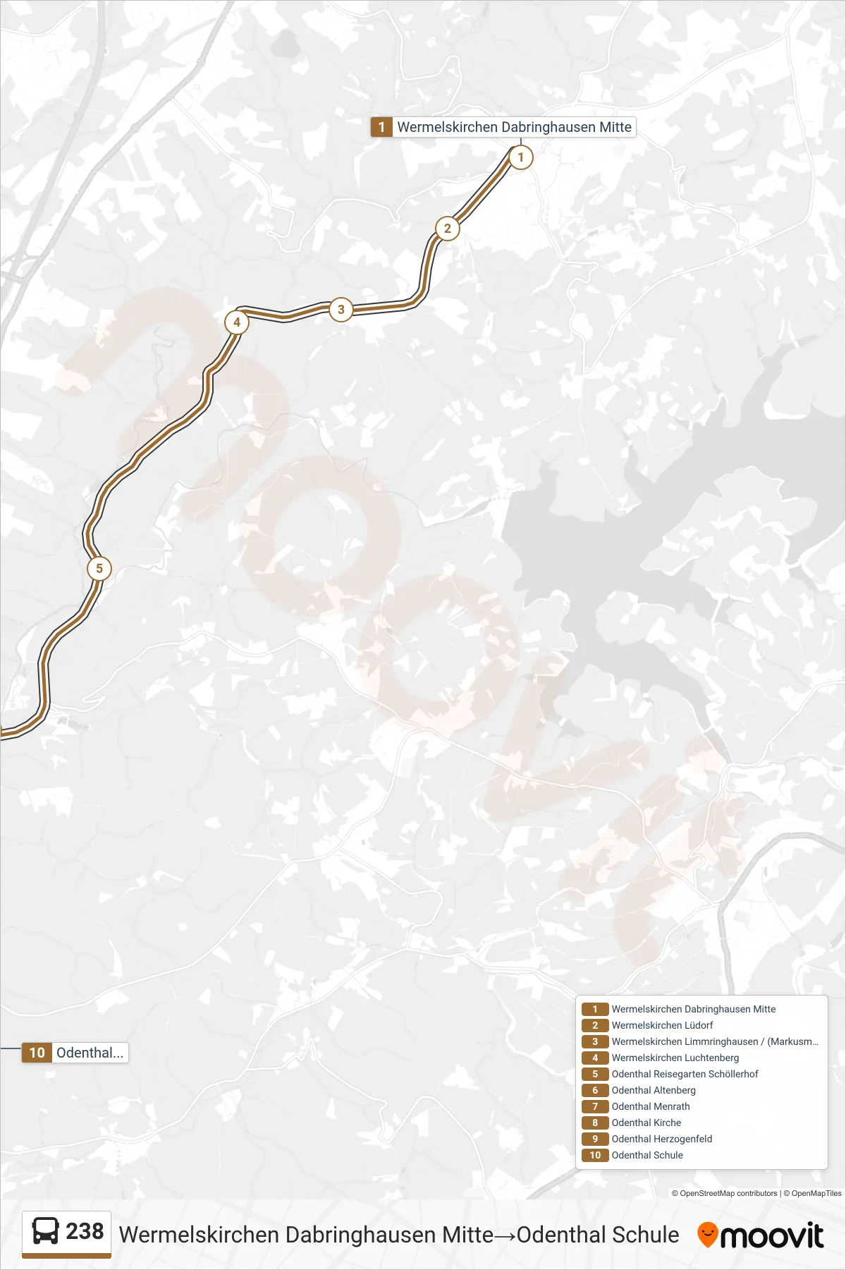Linie 238 (Bus) Richtung Wermelskirchen Dabringhausen Mitte‎→Odenthal Schule: Route und Haltestellen auf der Karte