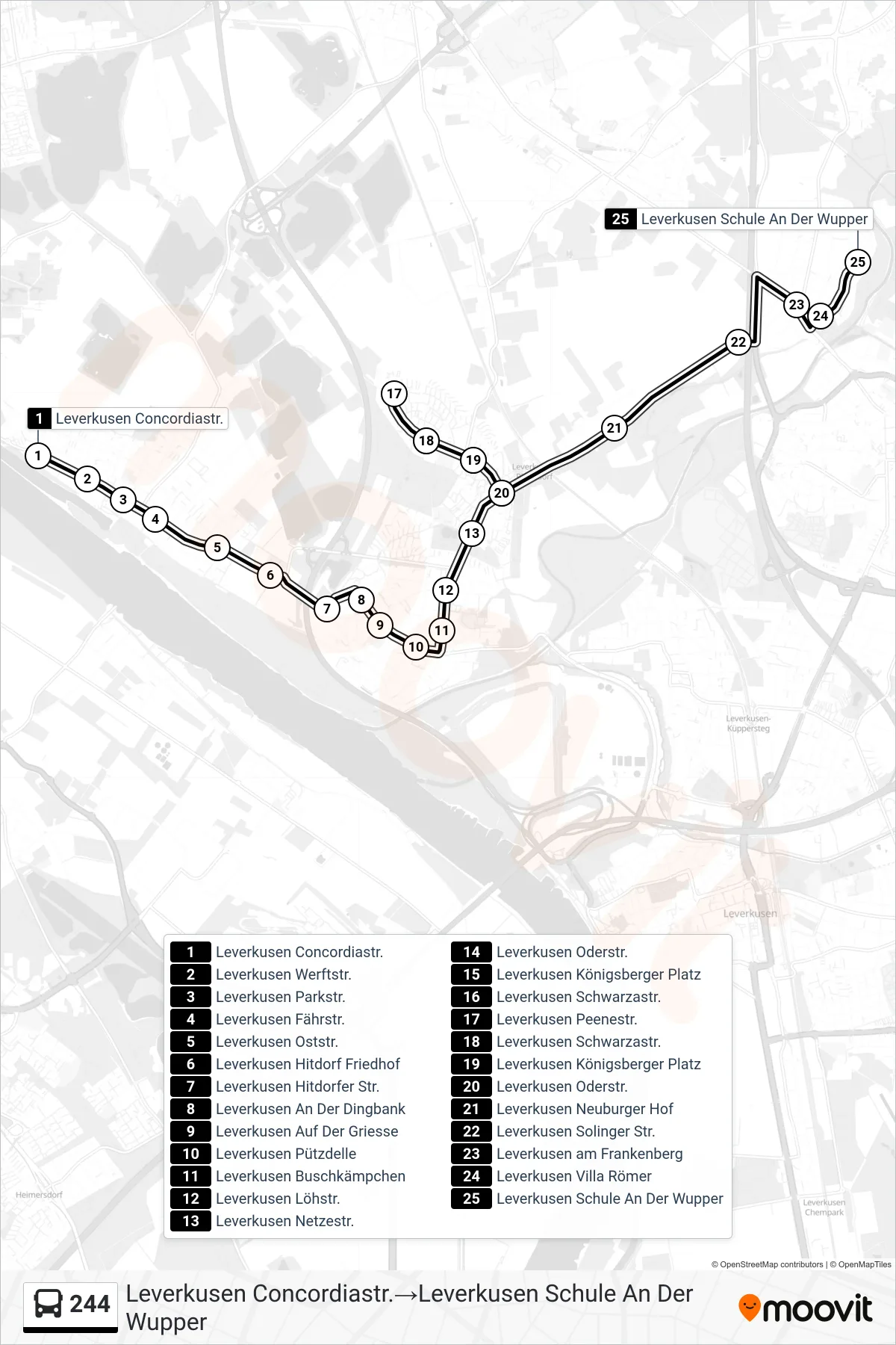 244 bus Line (Leverkusen Concordiastr.→Leverkusen Schule An Der Wupper) route and stops on a map