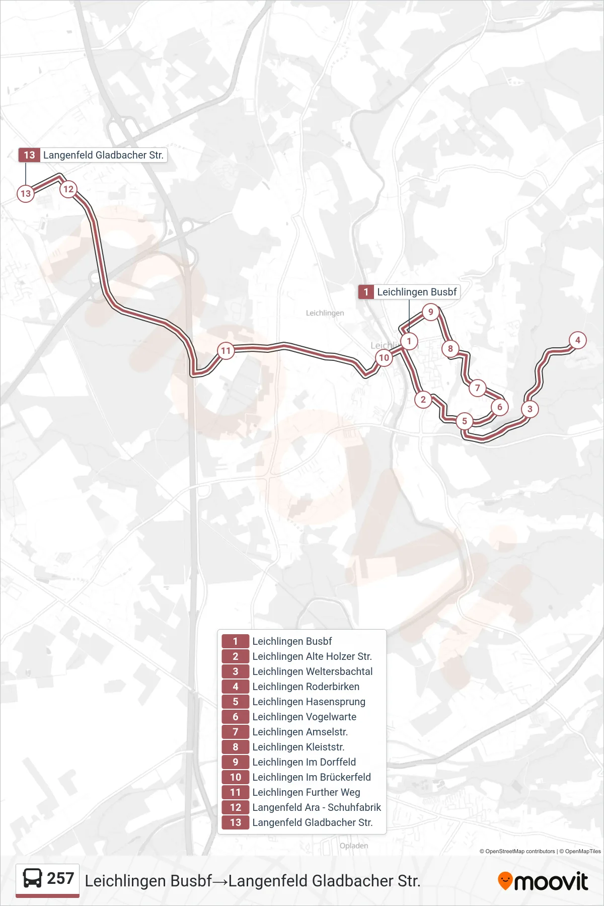 Linie 257 (Bus) Richtung Leichlingen Busbf‎→Langenfeld Gladbacher Str.: Route und Haltestellen auf der Karte