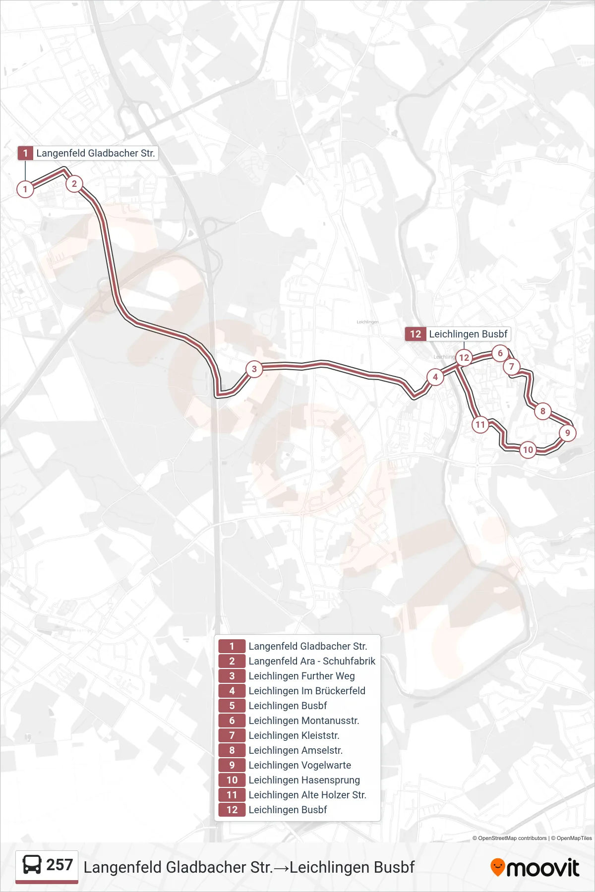 Linie 257 (Bus) Richtung Langenfeld Gladbacher Str.→Leichlingen Busbf: Route und Haltestellen auf der Karte