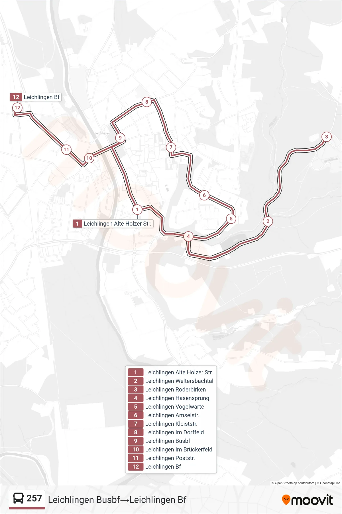 Linie 257 (Bus) Richtung Leichlingen Busbf‎→Leichlingen Bf: Route und Haltestellen auf der Karte