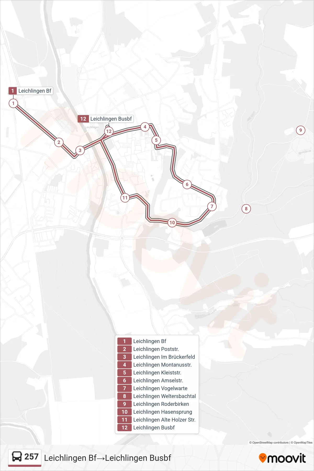 Linie 257 (Bus) Richtung Leichlingen Bf→Leichlingen Busbf: Route und Haltestellen auf der Karte