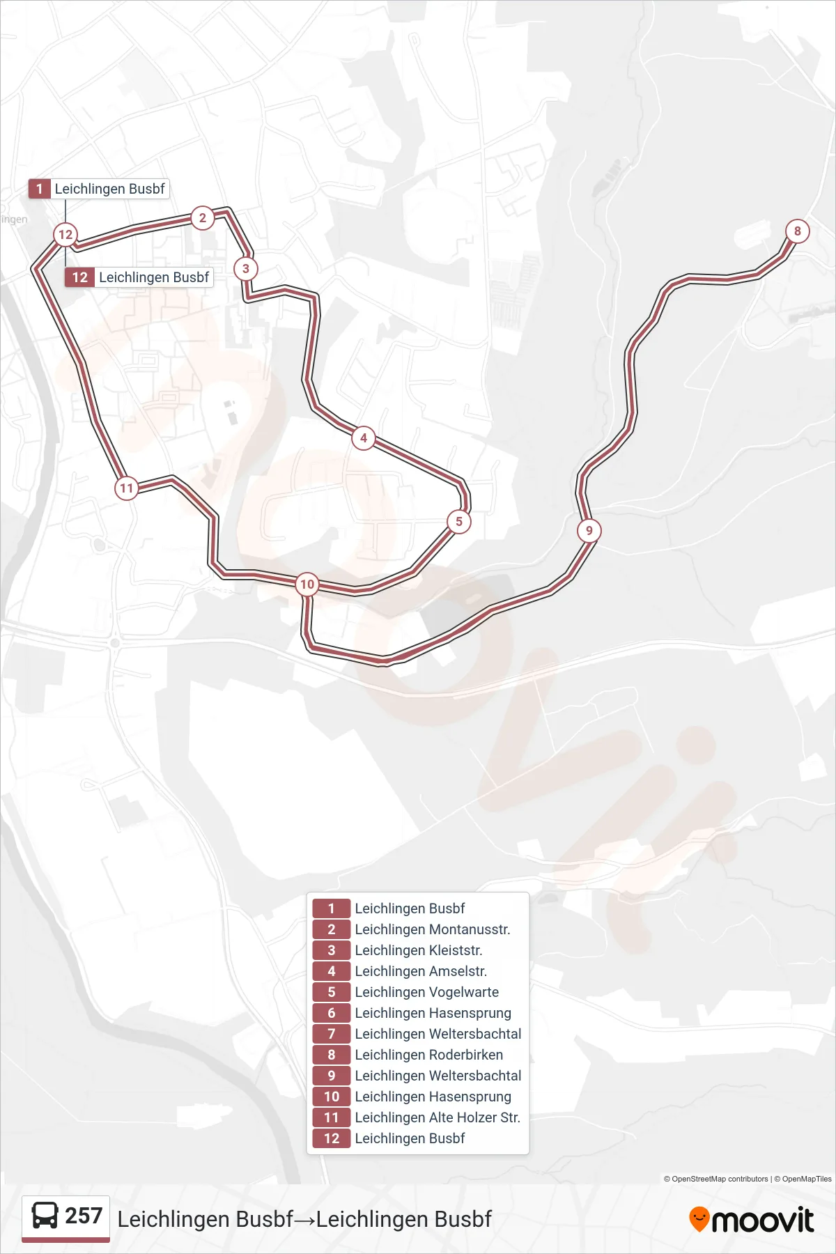 Linie 257 (Bus) Richtung Leichlingen Busbf‎→Leichlingen Busbf: Route und Haltestellen auf der Karte