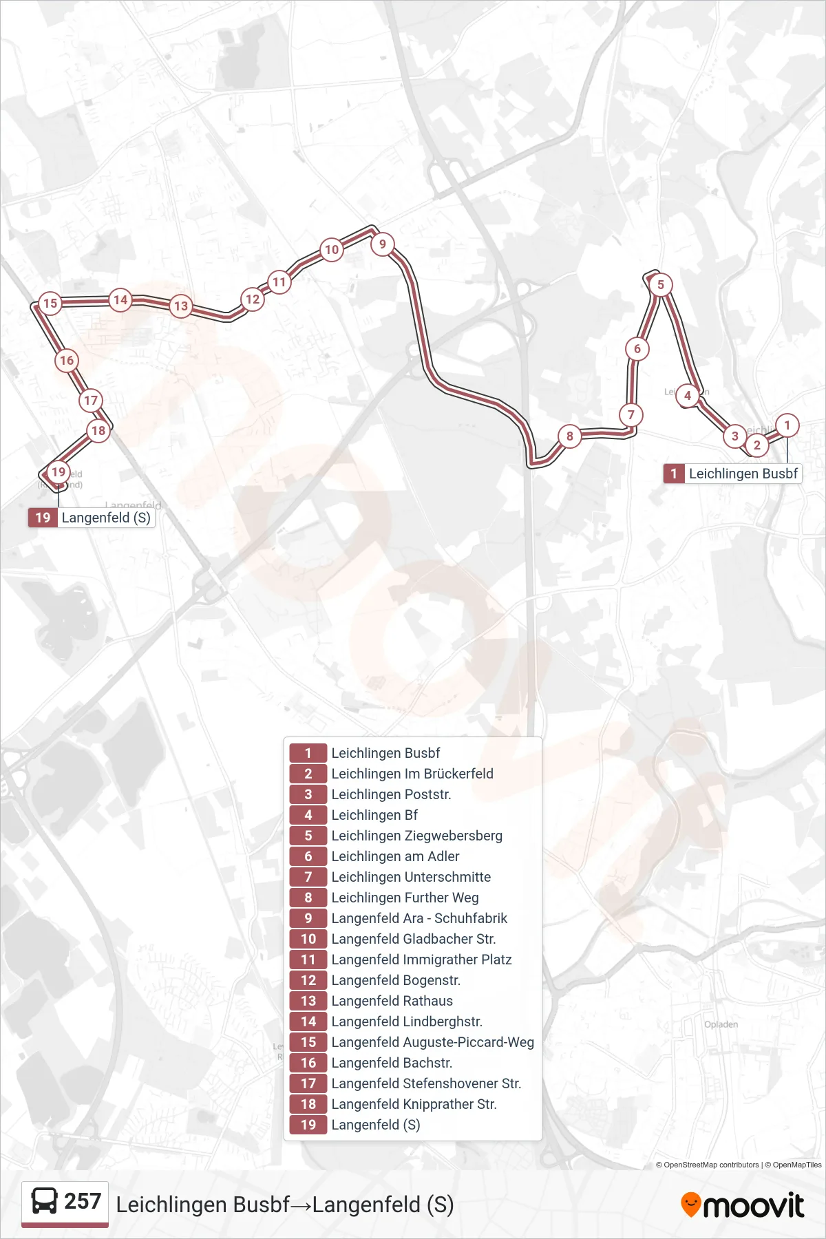 257 bus Line (Leichlingen Busbf→Langenfeld (S)) route and stops on a map
