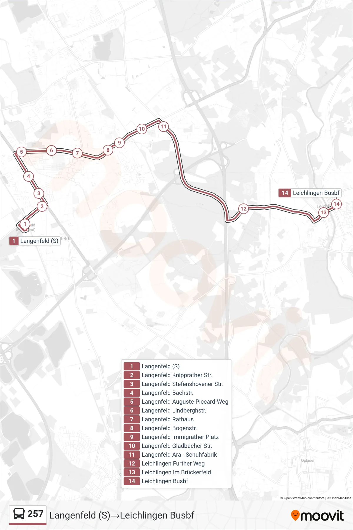 Linie 257 (Bus) Richtung Langenfeld (S)→Leichlingen Busbf: Route und Haltestellen auf der Karte