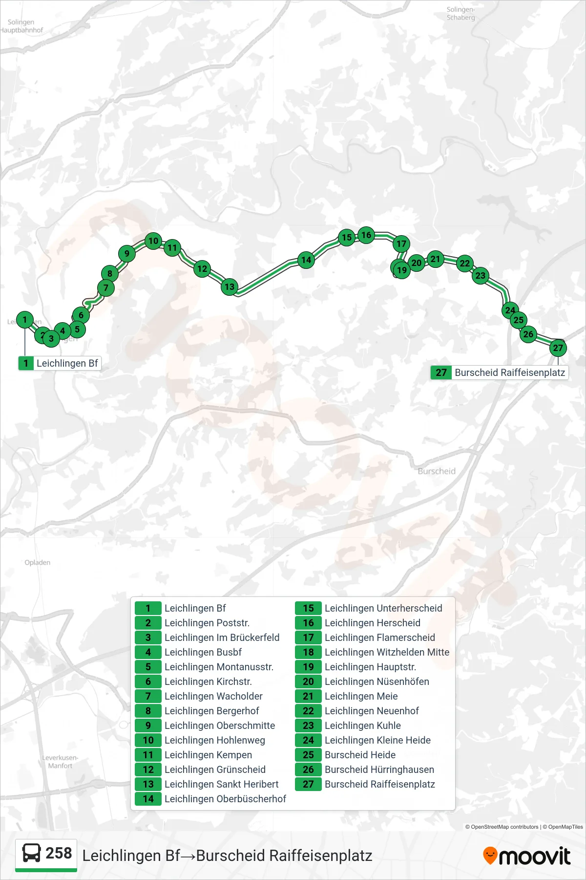 Linie 258 (Bus) Richtung Leichlingen Bf→Burscheid Raiffeisenplatz: Route und Haltestellen auf der Karte