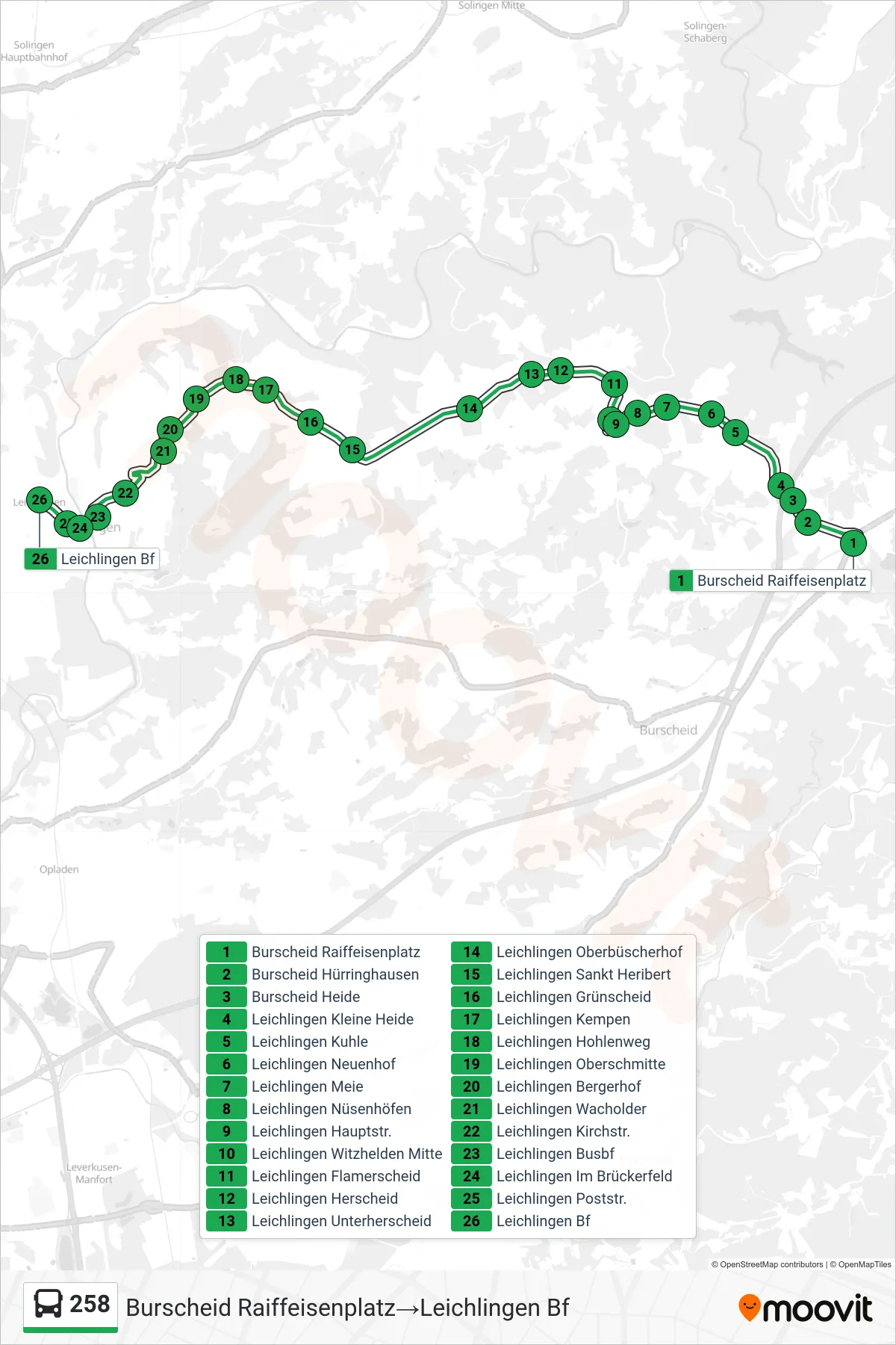 258 bus Line (Burscheid Raiffeisenplatz→Leichlingen Bf) route and stops on a map