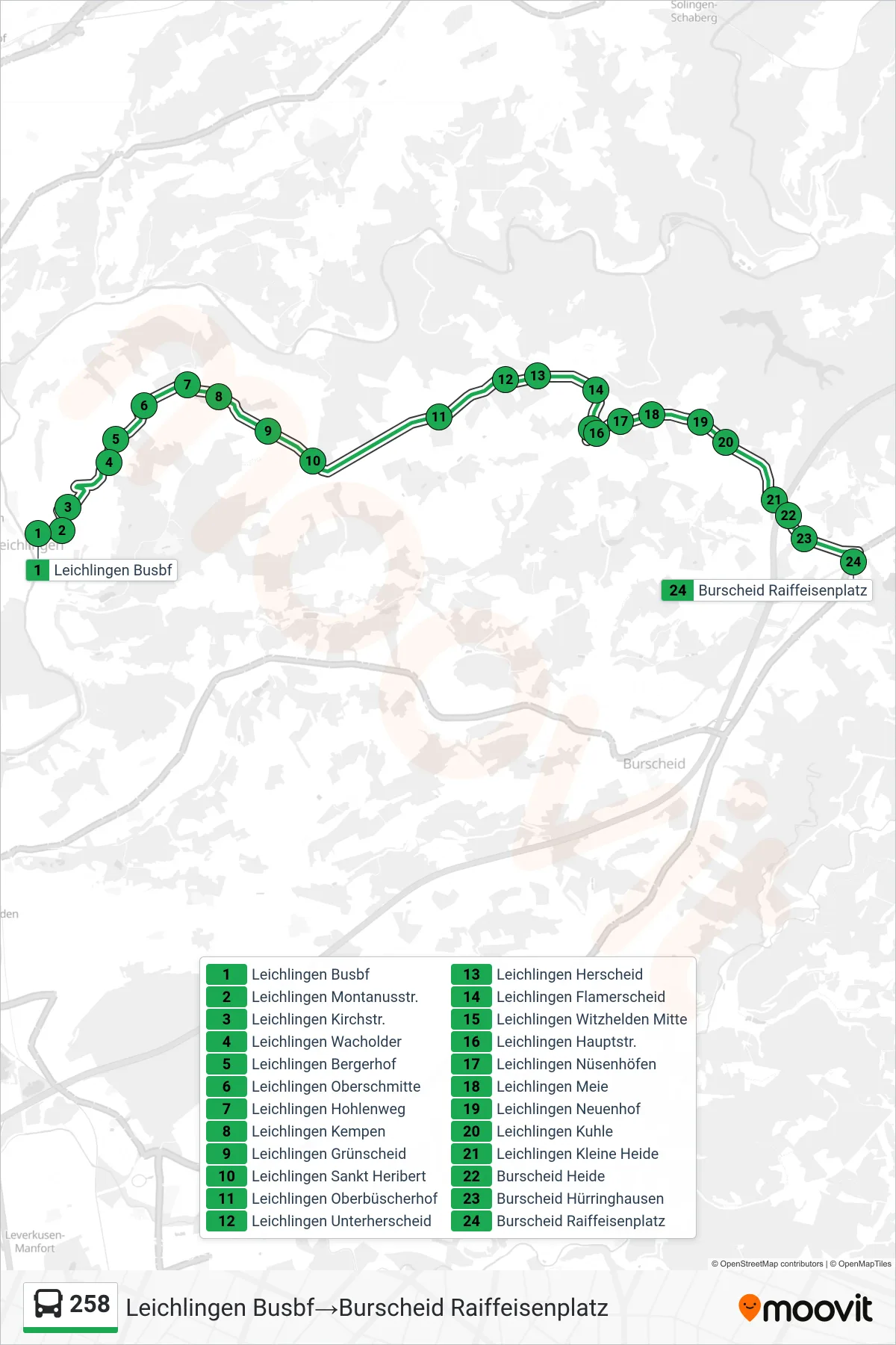 Linie 258 (Bus) Richtung Leichlingen Busbf→Burscheid Raiffeisenplatz: Route und Haltestellen auf der Karte
