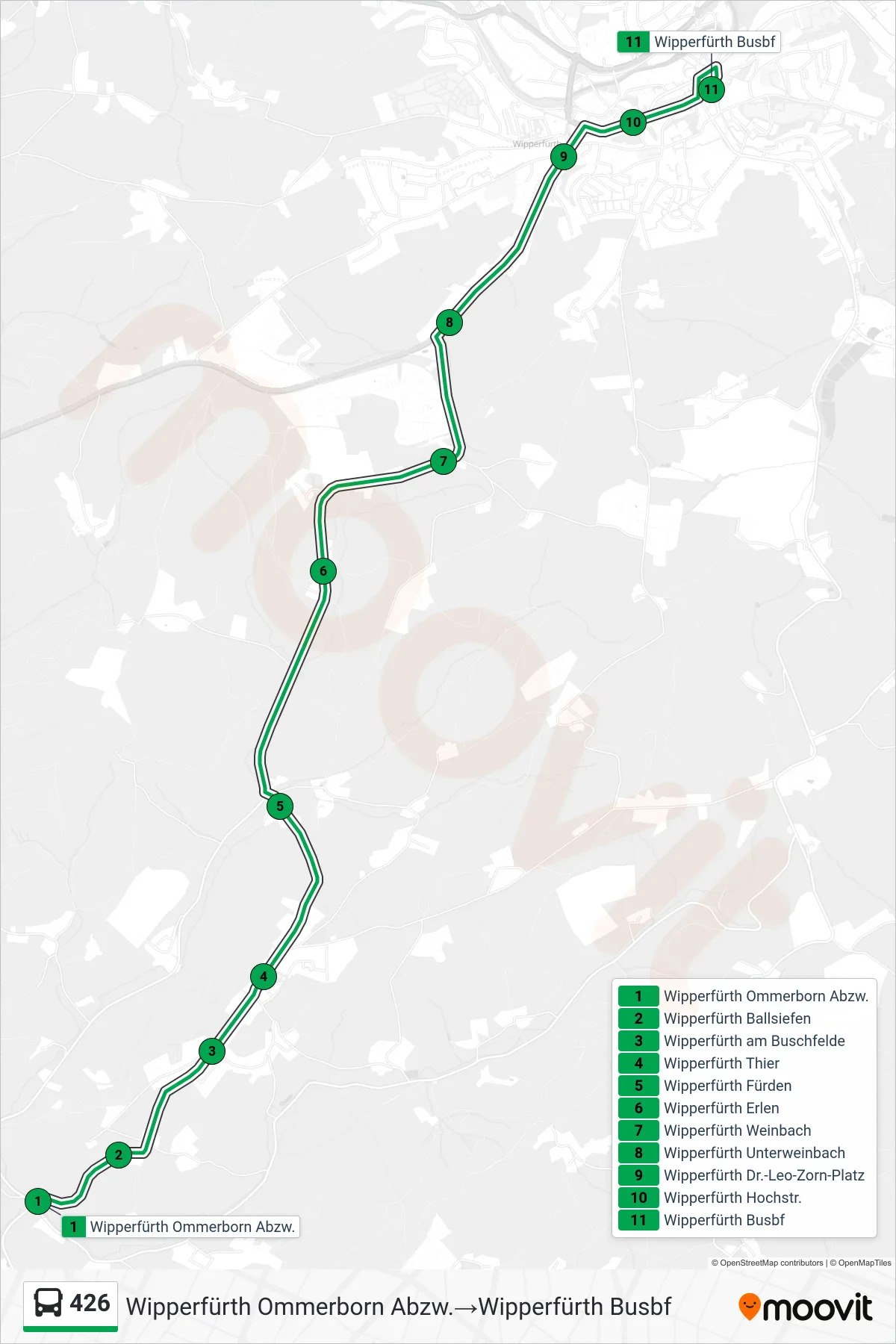 426 bus Line (Wipperfürth Ommerborn Abzw.→Wipperfürth Busbf) route and stops on a map