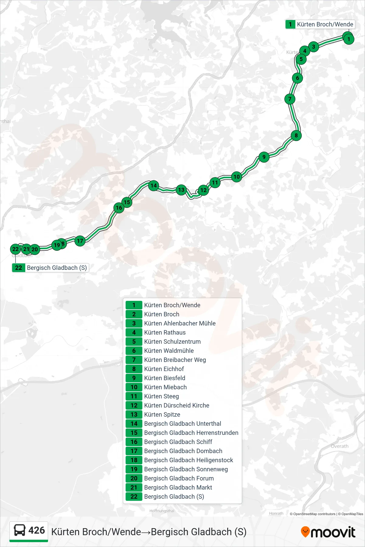 Linie 426 (Bus) Richtung Kürten Broch/Wende‎→Bergisch Gladbach (S): Route und Haltestellen auf der Karte