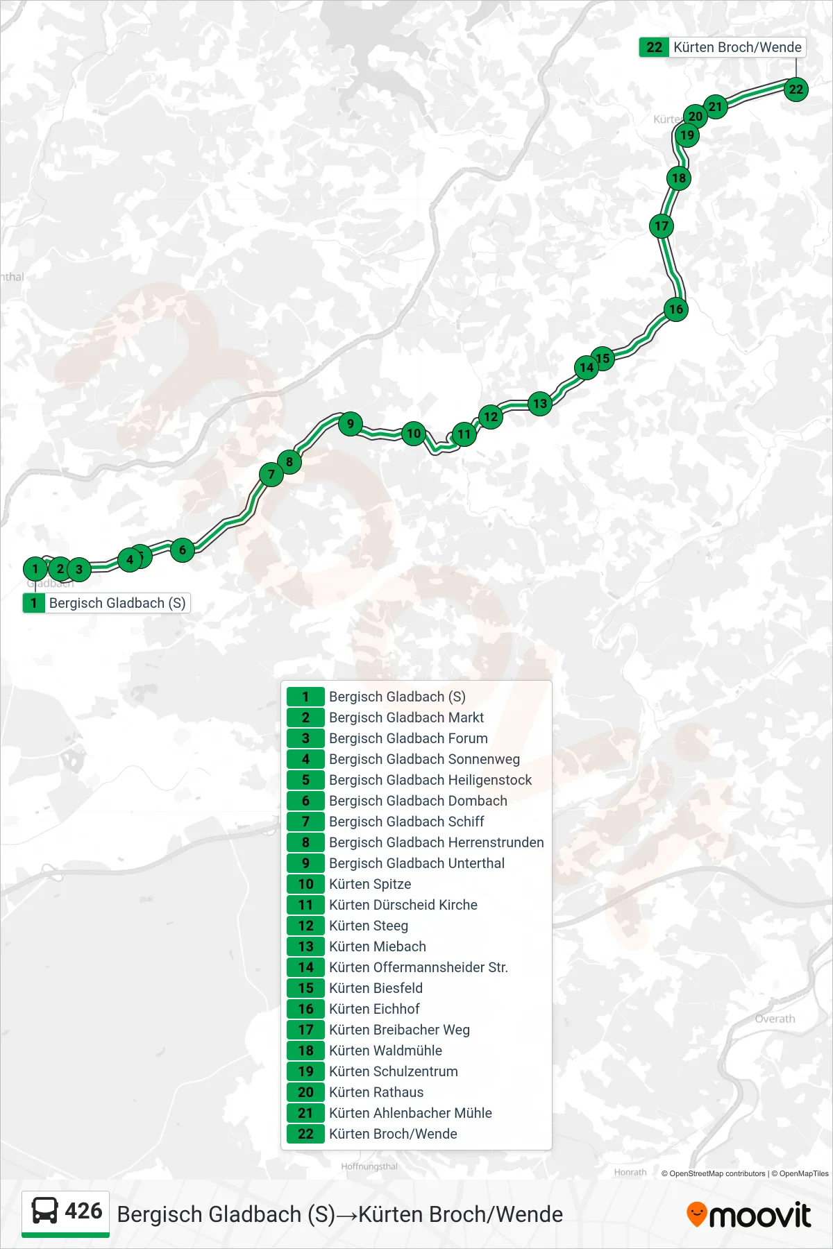 Linie 426 (Bus) Richtung Bergisch Gladbach (S)‎→Kürten Broch/Wende: Route und Haltestellen auf der Karte